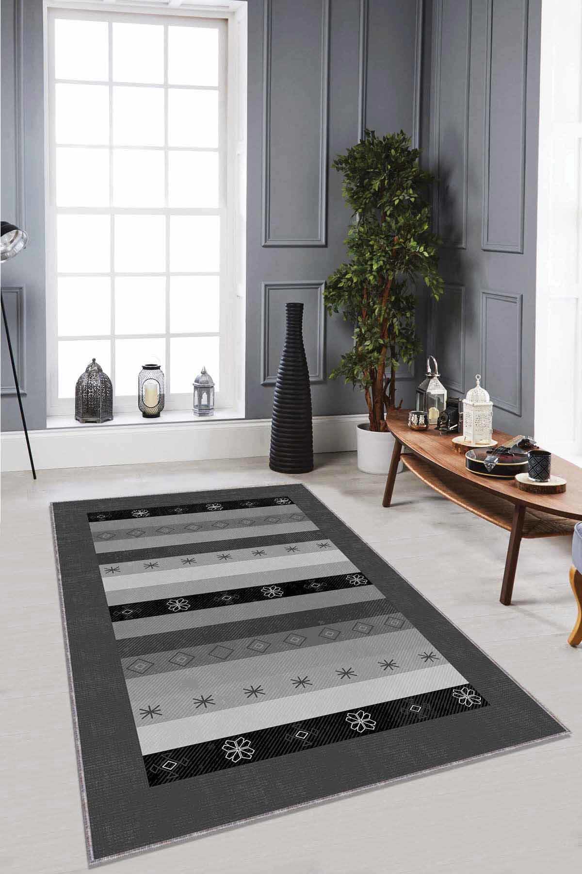 Viva Home RV271 Gri 7 mm Mikropolyester Toz Tutmaz Yıkanabilir İnce Kaymaz Dot Taban Dikdörtgen Makine Dokuma Salon Halısı 100x600 cm