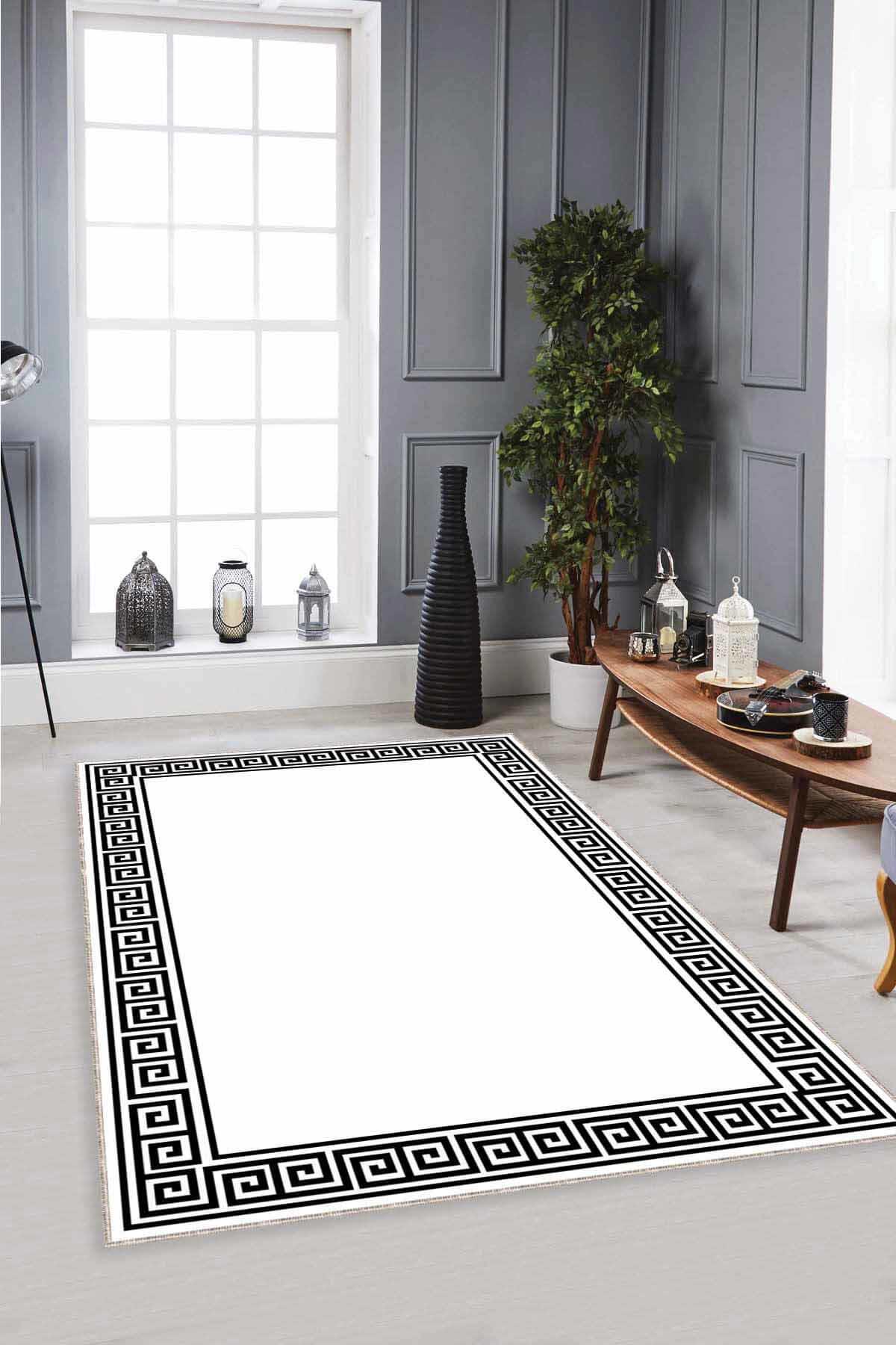 Viva Home MK23 Beyaz - Siyah 7 mm Mikropolyester Antibakteriyel Yıkanabilir Kalın Kaymaz Lateks Taban Dikdörtgen Makine Dokuma Salon Halısı 200x290 cm