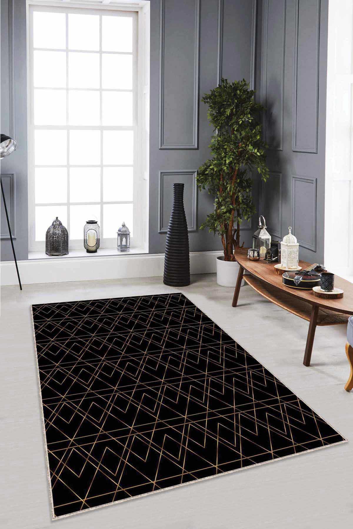 Viva Home RV024 Altın-Siyah 7 mm Mikropolyester Antibakteriyel Yıkanabilir İnce Kaymaz Lateks Taban Dikdörtgen Makine Dokuma Salon Halısı 160x230 cm