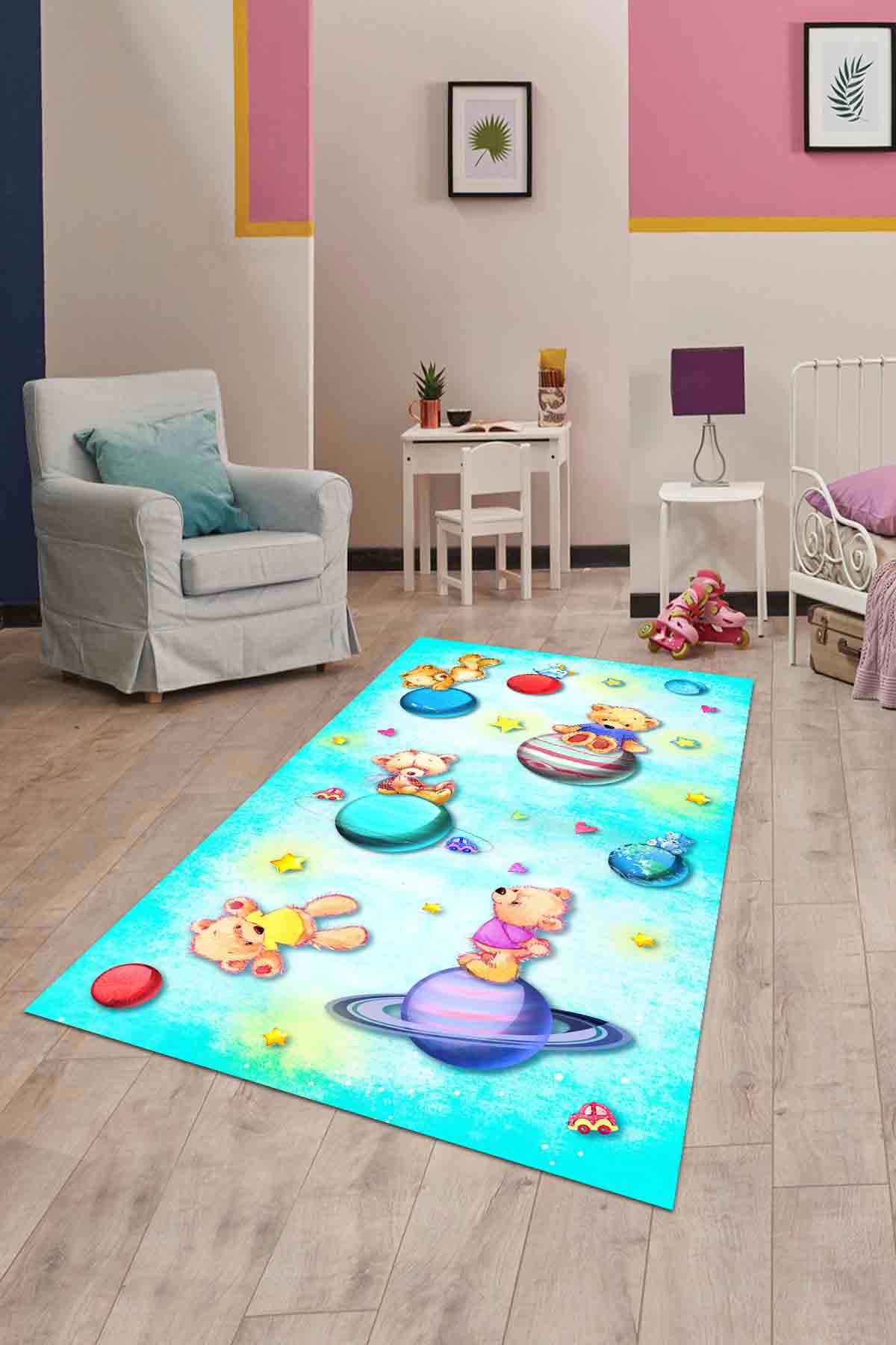 Latte Dizayn Isodora Krem 0.5 mm Pamuk Antibakteriyel Yıkanabilir İnce Kaymaz Pamuk Taban Dikdörtgen Makine Dokuma Çocuk Odası Halısı 80x200 cm