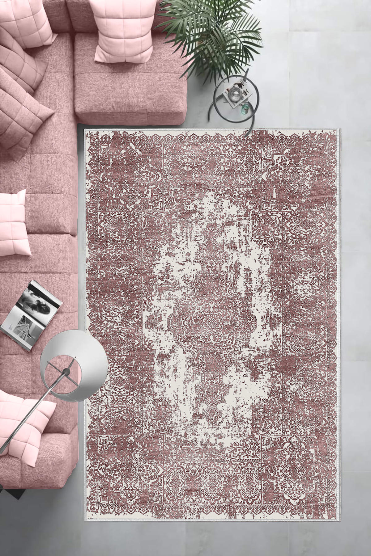 Aldora Pembe 0.8 mm Polipropilen Yıkanabilir Orta Kaymaz Deri Taban Dikdörtgen Makine Dokuma Salon Halısı 80x150 cm