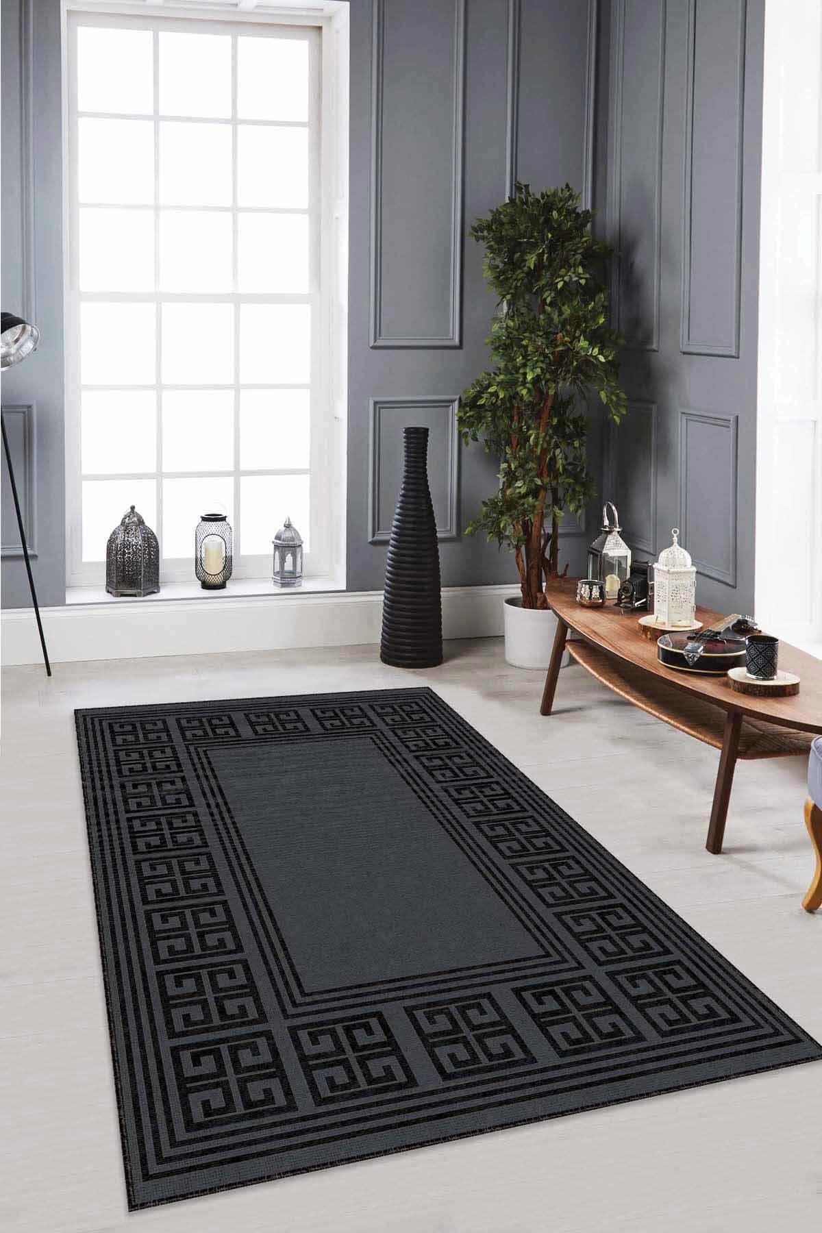 Viva Home RV033 Siyah 7 mm Mikropolyester Antibakteriyel Yıkanabilir Kalın Kaymaz Lateks Taban Dikdörtgen Makine Dokuma Salon Halısı 100x200 cm