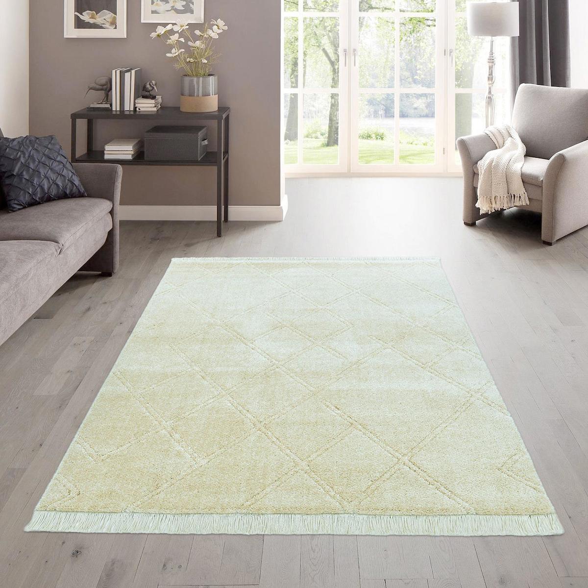Giza Home 1104A-RB11 Krem 20 mm Polyester Antibakteriyel Yıkanabilir Kalın Kaymaz Geometrik Dikdörtgen Makine Dokuma Salon Halısı 180x250 cm