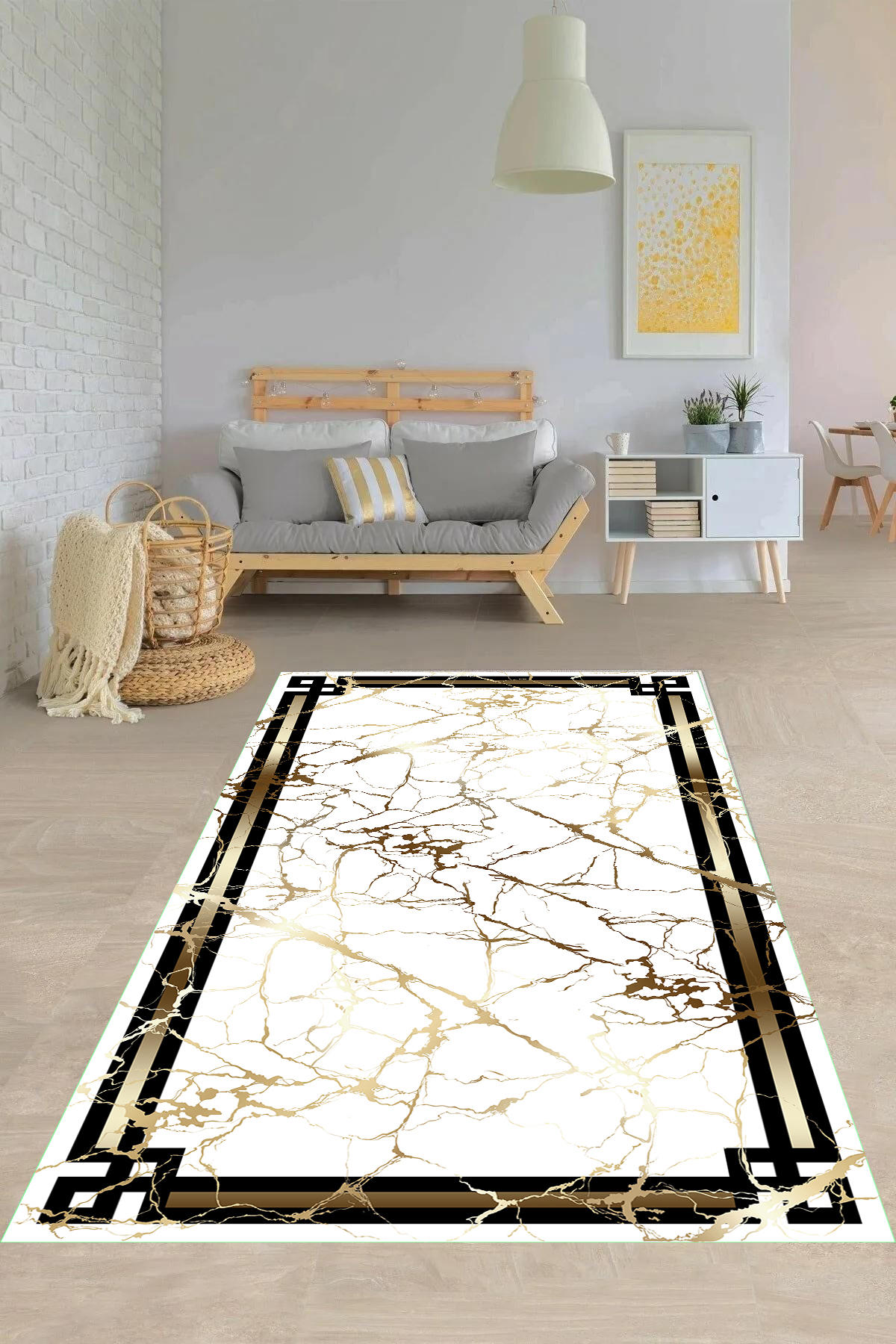 Aldora O1105 Altın-Siyah 9 mm Deri Antialerjenik Yıkanabilir Orta Kaymaz Suni Deri Taban Dikdörtgen Salon Halısı 80x150 cm