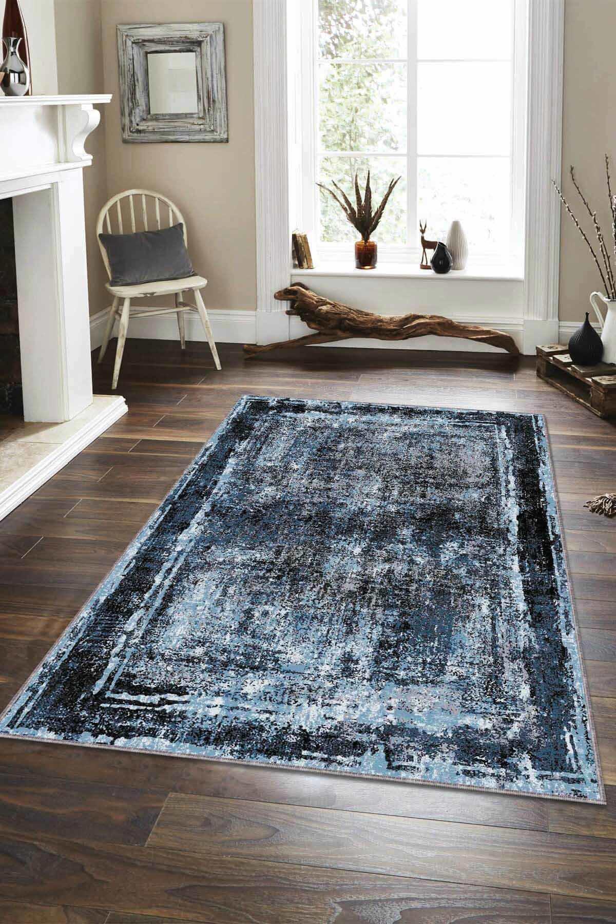 Viva Home AR113 Mavi 7 mm Mikropolyester Antialerjenik Yıkanabilir İnce Kaymaz Dot Taban Dikdörtgen Makine Dokuma Salon Halısı 100x300 cm