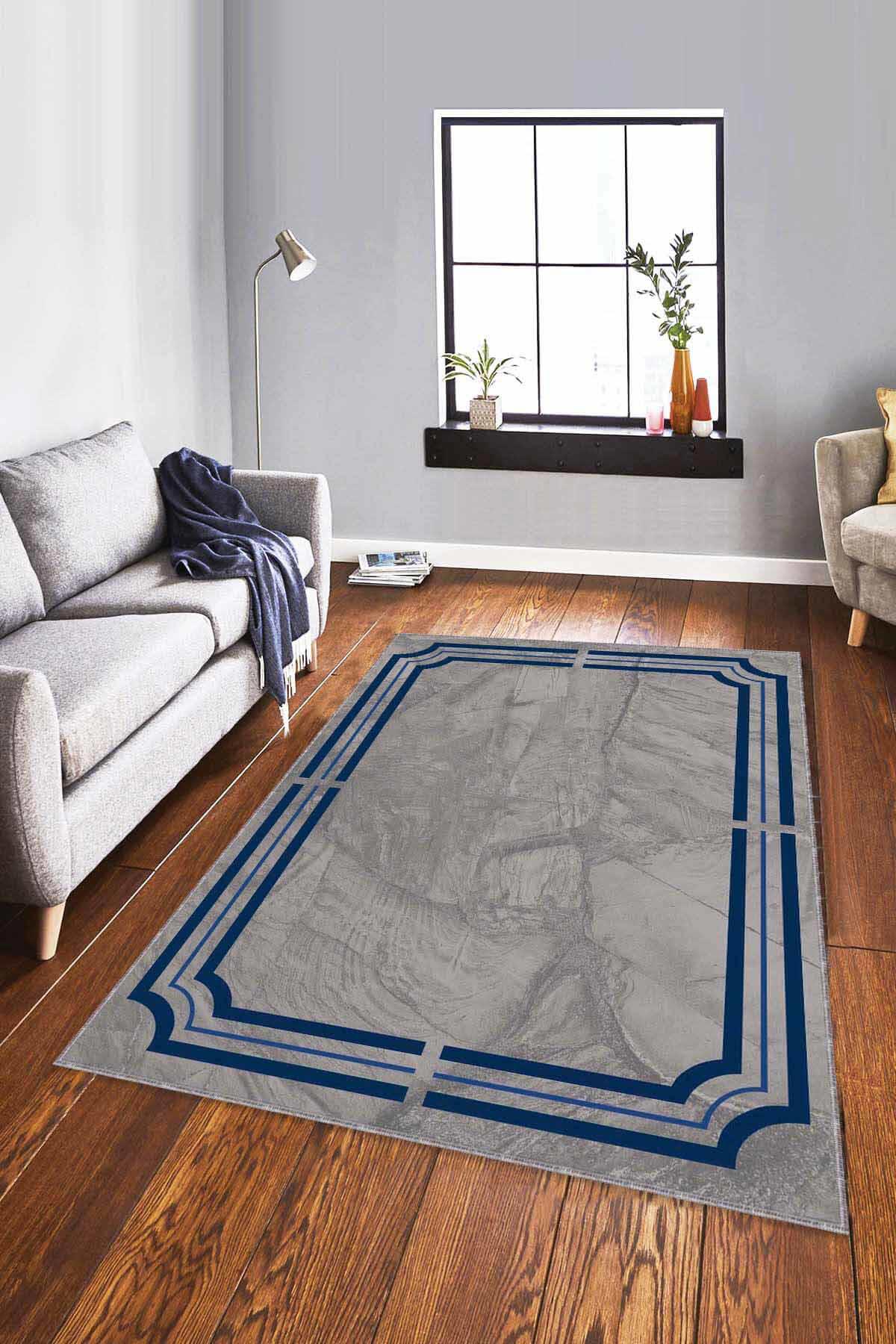 Viva Home RV066 Lacivert 7 mm Mikropolyester Leke tutmaz Yıkanabilir İnce Kaymaz Dikdörtgen Makine Dokuma Salon Halısı 80x150 cm