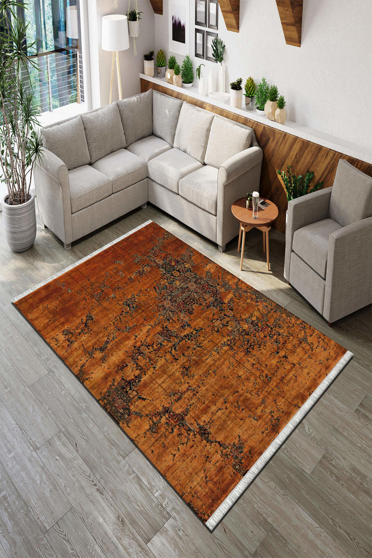 Roslyn Home Turuncu 6 mm Polyester Toz Tutmaz Yıkanabilir İnce Kaymaz Dot Taban Dikdörtgen Makine Dokuma Salon Halısı 140x200 cm