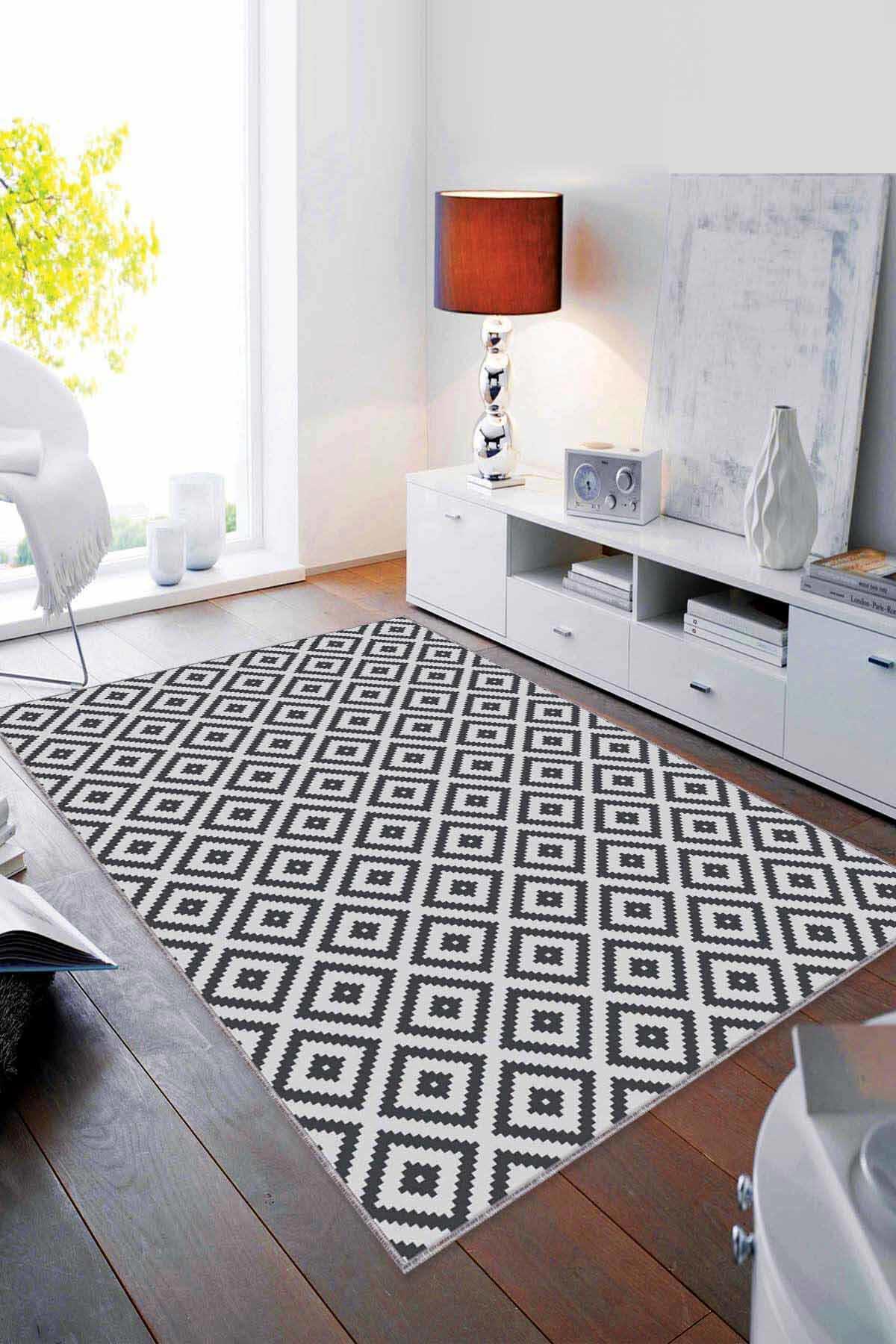 Viva Home RV183 Antrasit Gri 7 mm Mikropolyester Toz Tutmaz Yıkanabilir İnce Kaymaz Pamuk Taban Geometrik Dikdörtgen Makine Dokuma Salon Halısı 100x300 cm