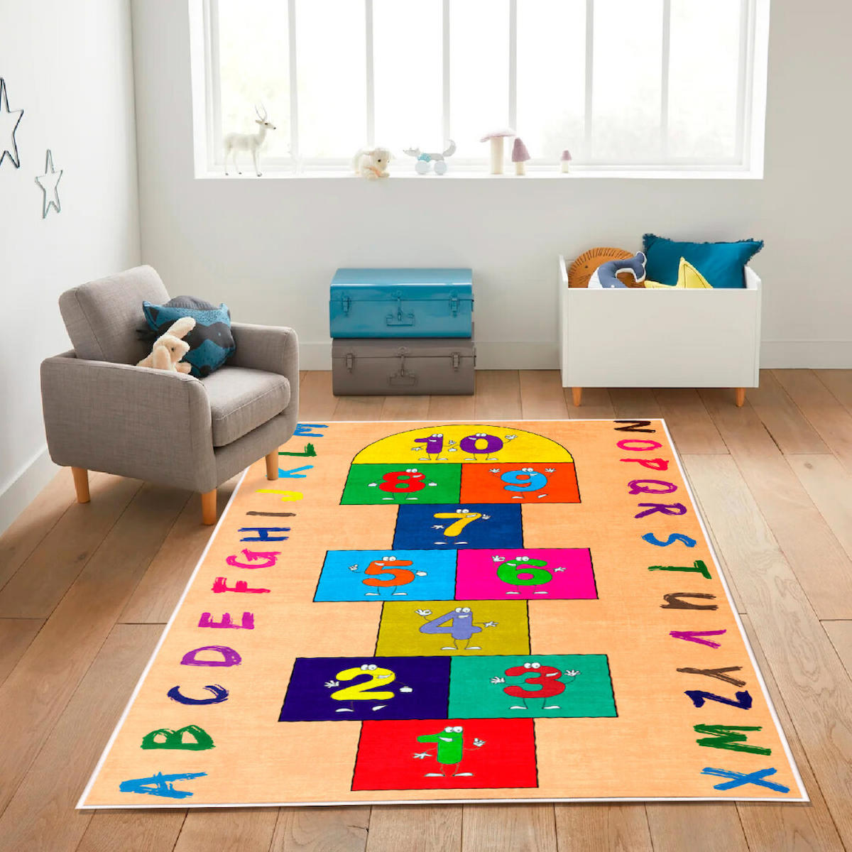 Homefesto Krem 5 mm Polyester Leke Tutmaz Yıkanabilir İnce Kaymaz Taban Yazılı Dikdörtgen Makine Dokuma Çocuk Odası Halısı 100x400 cm
