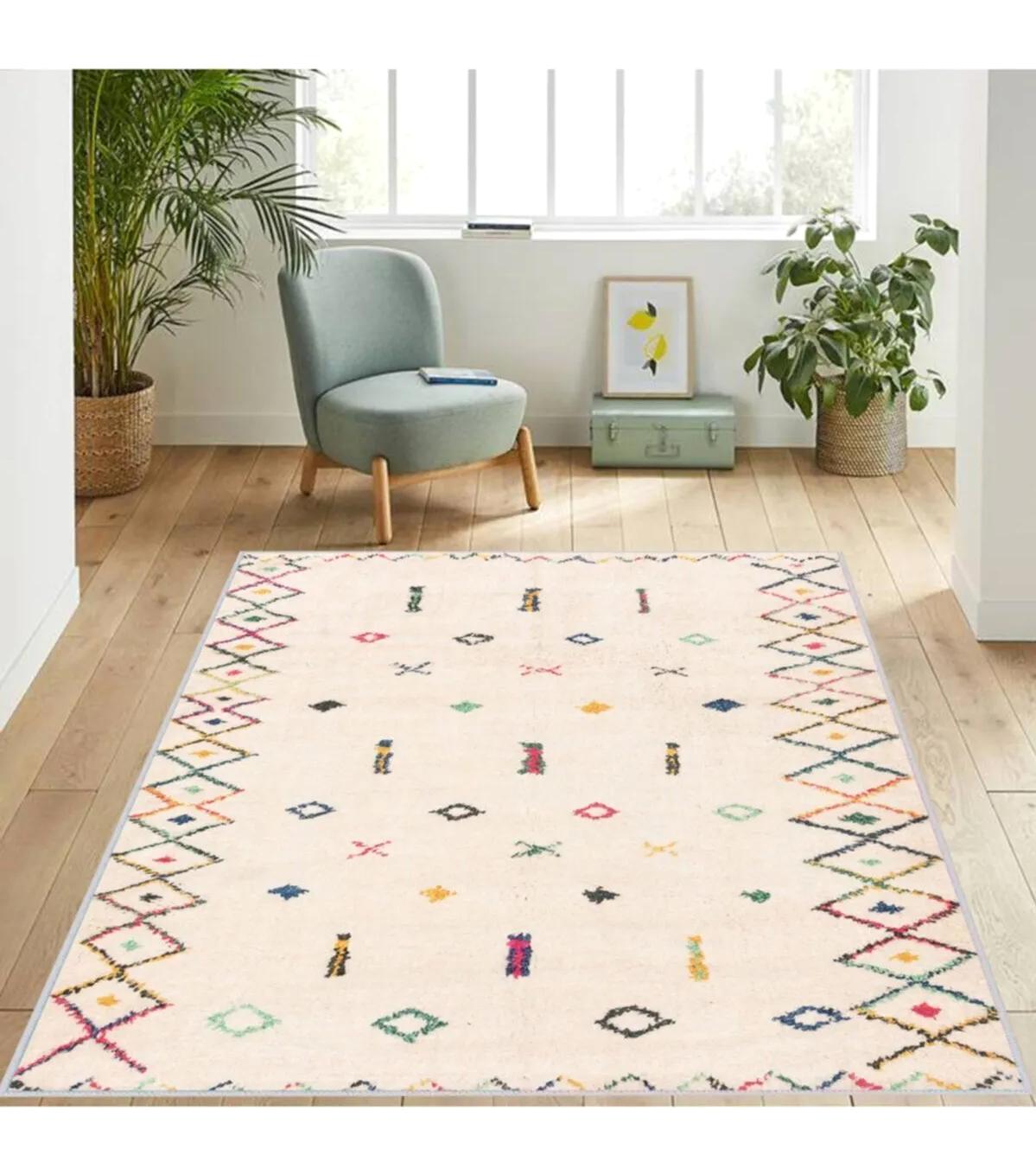 Rovigo Home RVG1210 Krem 8 mm Polyester Leke Tutmaz-Toz Tutmaz Yıkanabilir İnce Kaymaz Dot Taban Dikdörtgen Makine Dokuma Salon Halısı 80x200 cm
