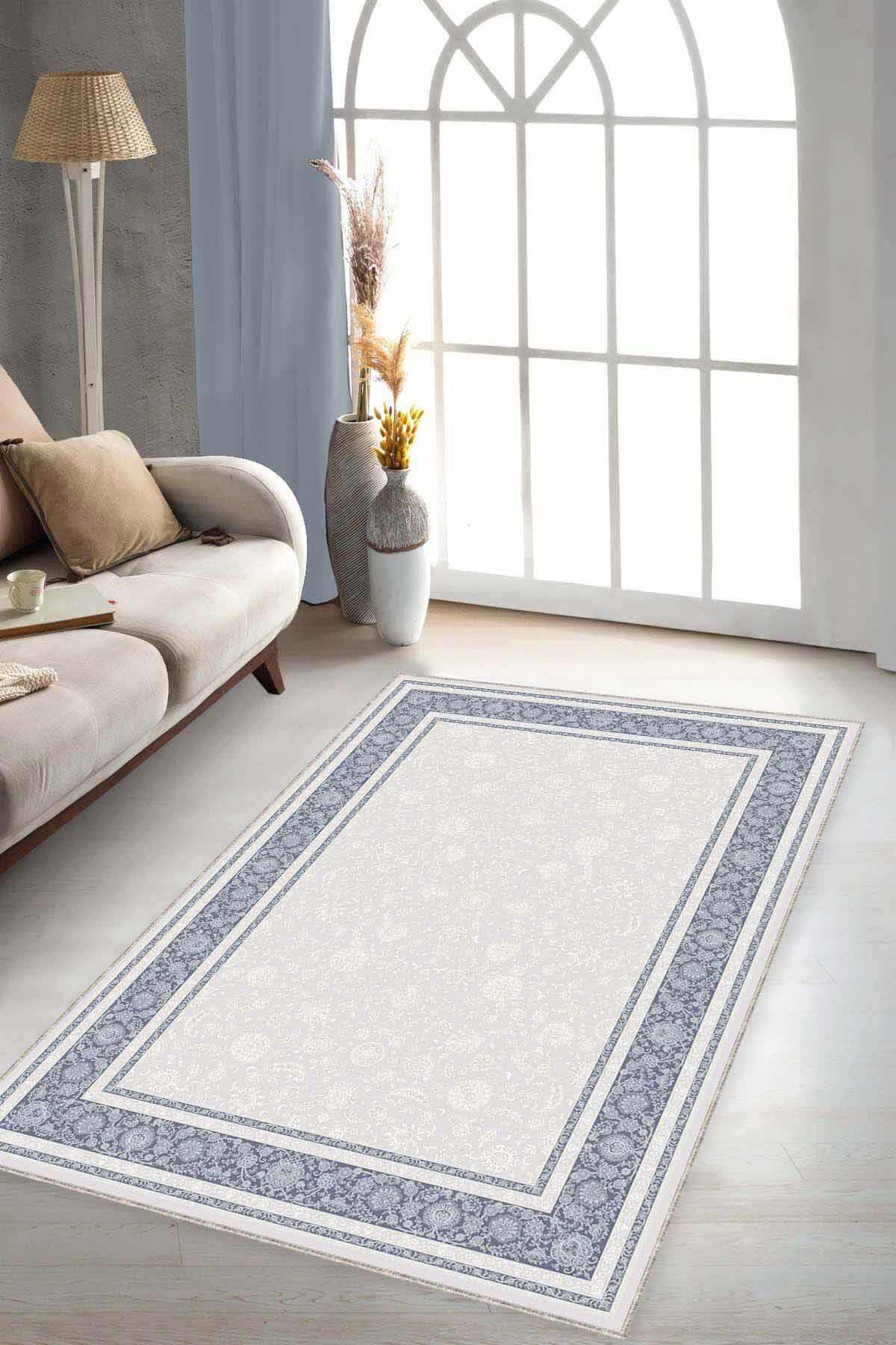 Viva Home MK108 Mavi 7 mm Mikropolyester Leke tutmaz Yıkanabilir İnce Kaymaz Taban Dikdörtgen Makine Dokuma Salon Halısı 120x180 cm
