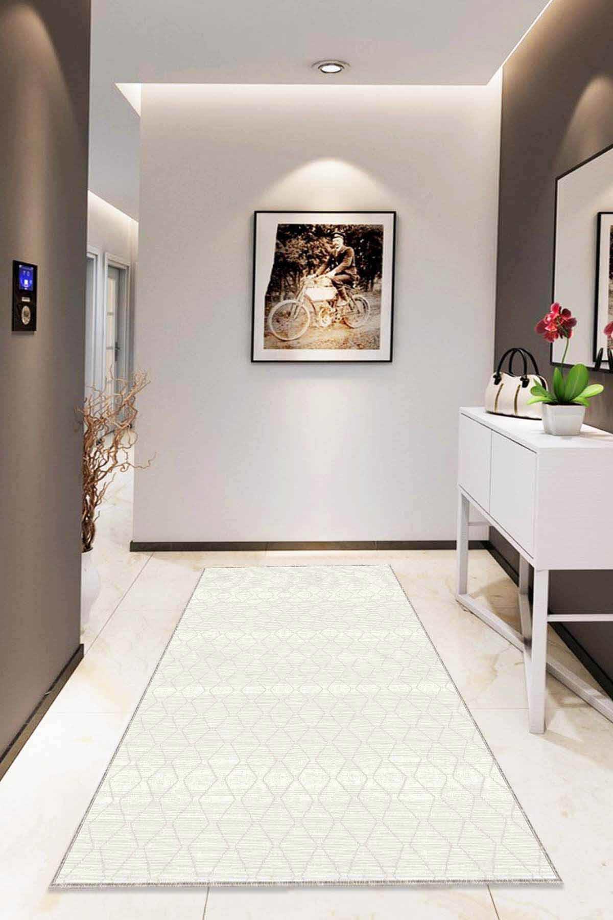 Viva Home RV194 Bej 7 mm Mikropolyester Antibakteriyel Yıkanabilir İnce Kaymaz Taban Dikdörtgen Makine Dokuma Halı 120x160 cm