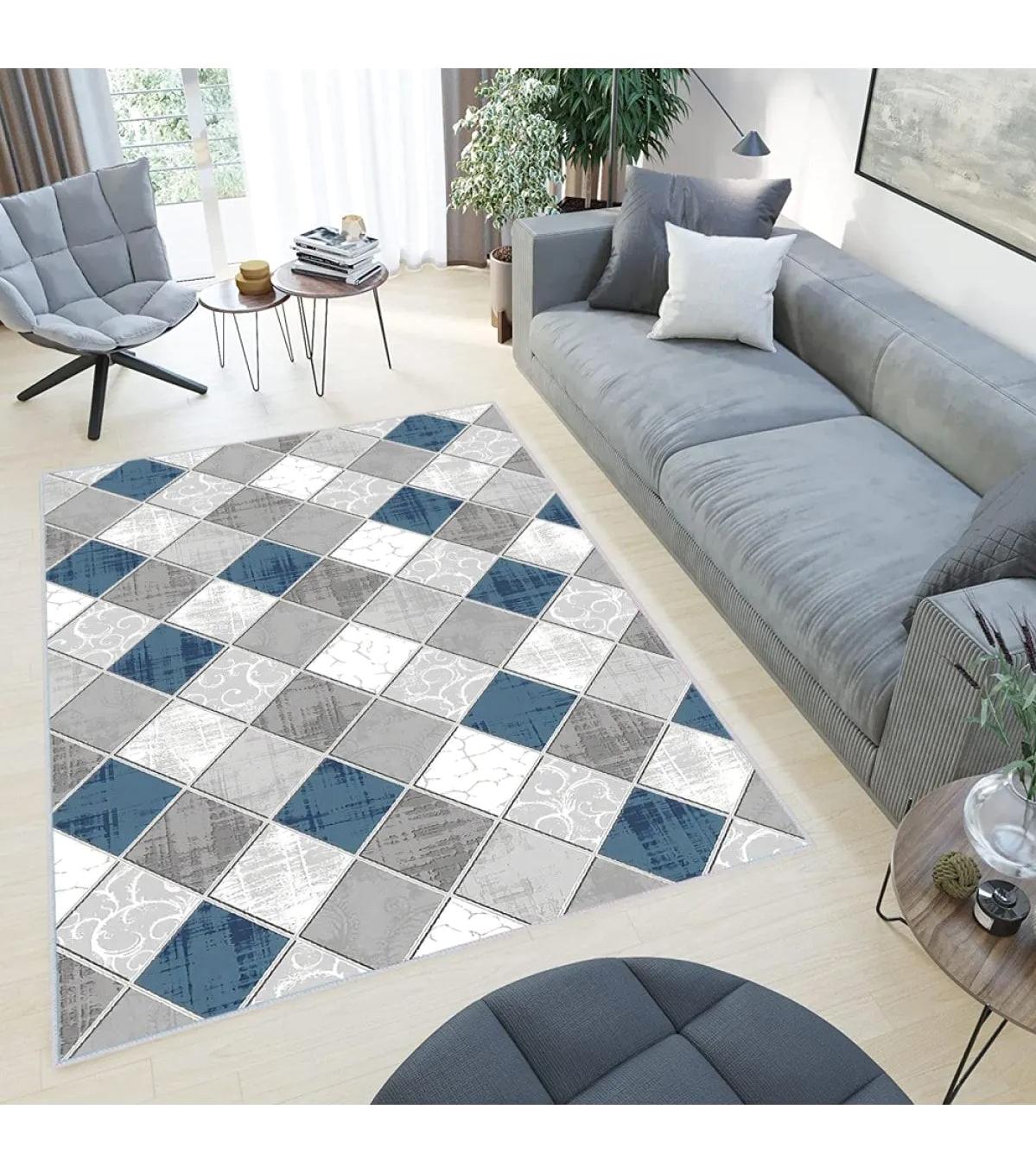 Rovigo Home RVG0421 Gri-Mavi 8 mm Polyester Antibakteriyel-Leke Tutmaz-Toz Tutmaz Yıkanabilir İnce Kaymaz Dot Taban Dikdörtgen Makine Dokuma Salon Halısı 100x200 cm