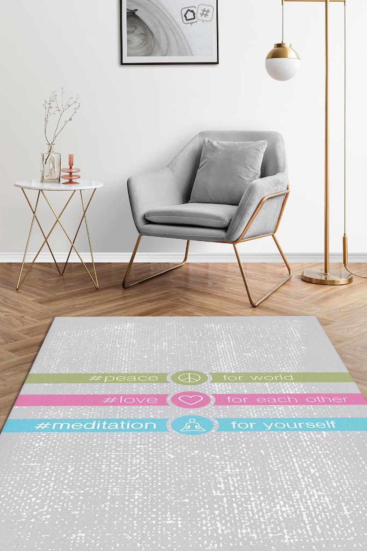 Homshtag Huzur Aşk Meditasyon Çok Renkli 4 mm Pamuk Antistatik Yıkanabilir İnce Kaymaz Dikdörtgen Makine Dokuma Salon Halısı 180x180 cm