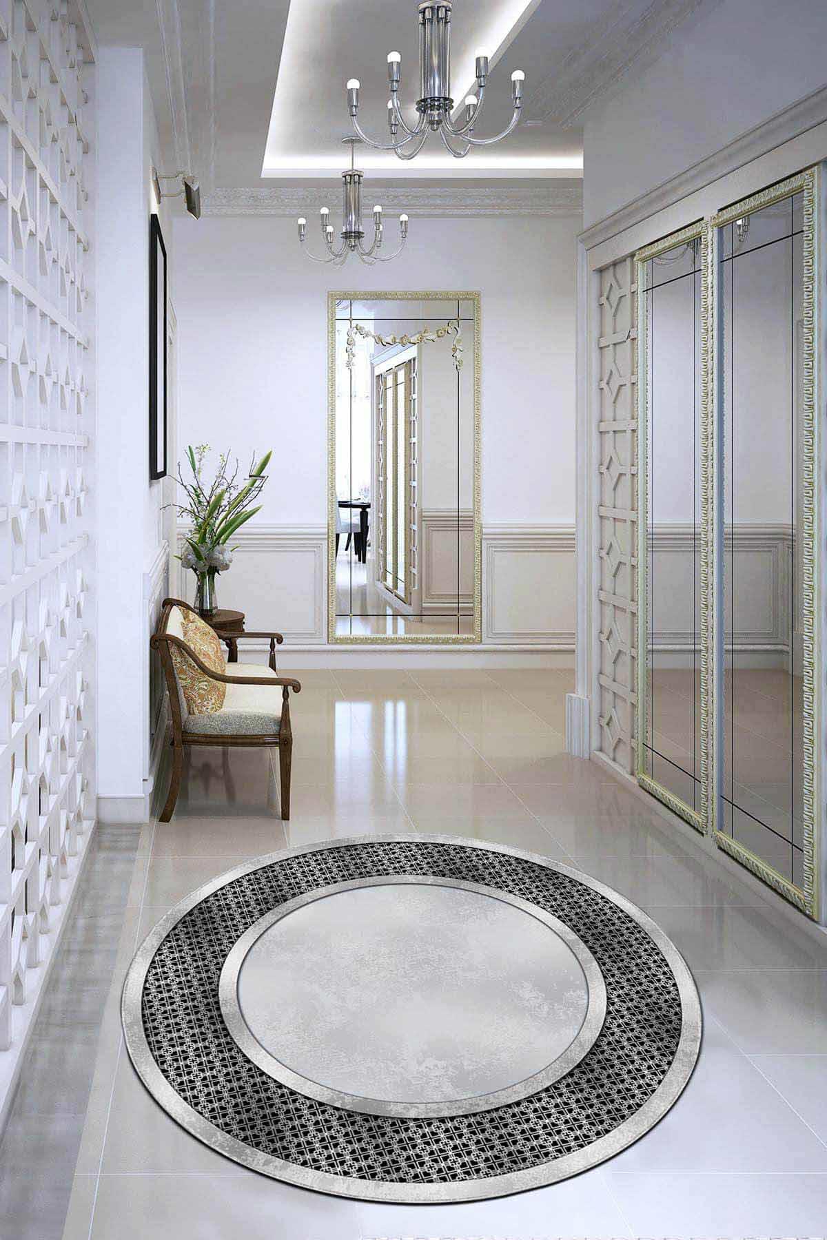 Viva Home AR736 Gri 7 mm Mikropolyester Toz Tutmaz Yıkanabilir İnce Kaymaz Dot Taban Yuvarlak Makine Dokuma Salon Halısı 80x150 cm
