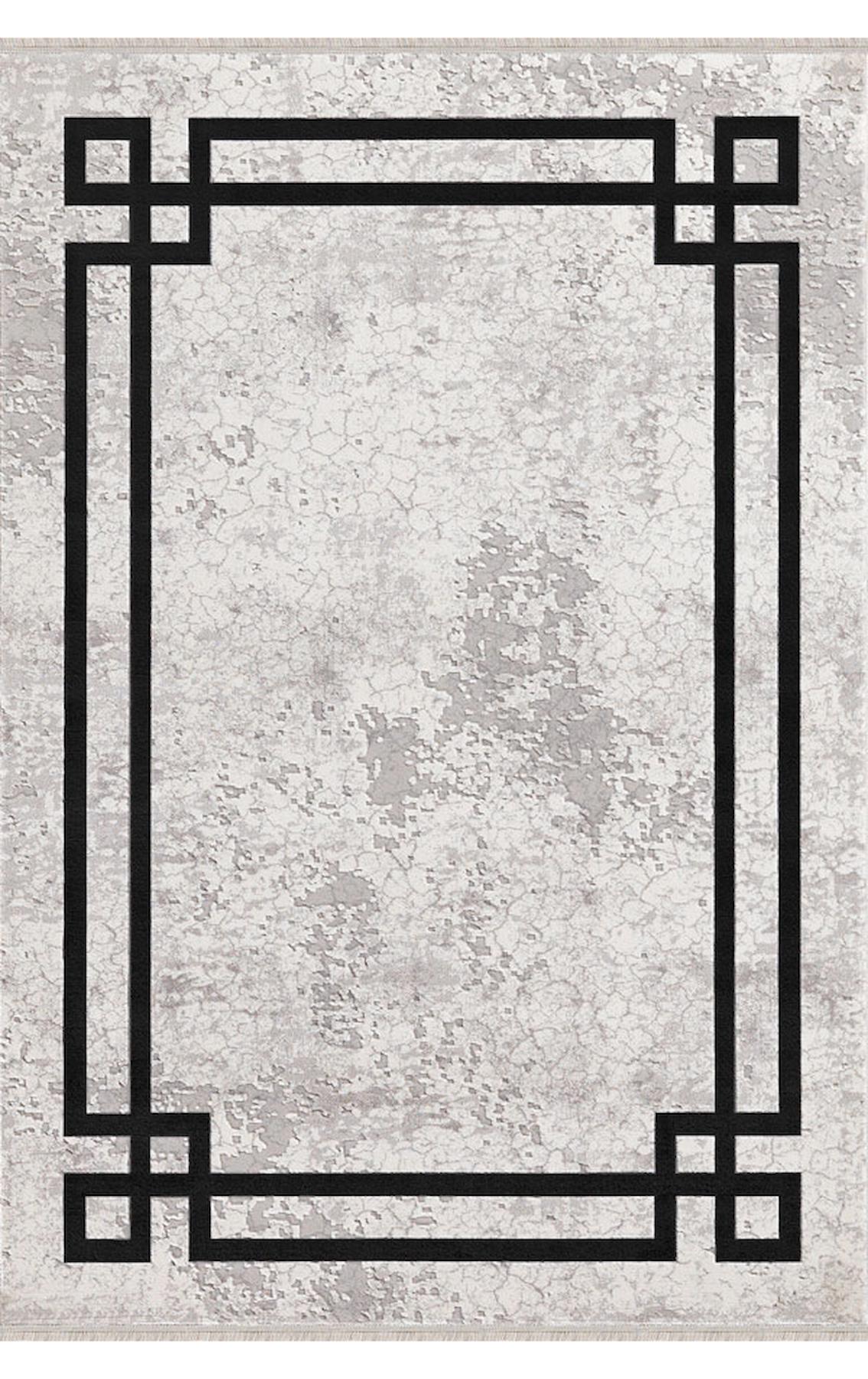 Merinos Therapy 33260 Bej-Siyah 12 mm Viskon Yumuşak Yıkanabilir Kalın Kaymaz Dot Taban Dikdörtgen Makine Dokuma Salon Halısı 100x150 cm