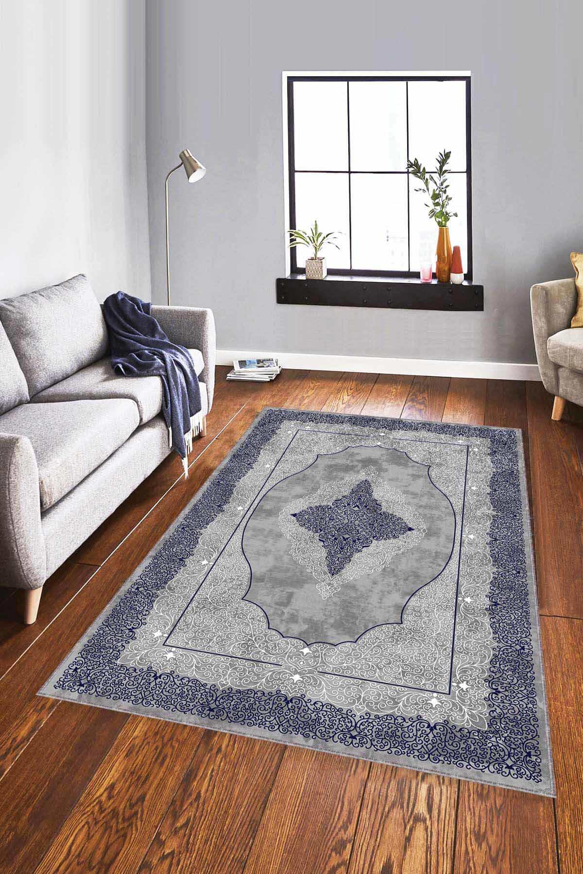 Viva Home MK29 Lacivert 7 mm Mikropolyester Leke tutmaz Yıkanabilir İnce Kaymaz Dot Taban Dikdörtgen Makine Dokuma Salon Halısı 100x150 cm