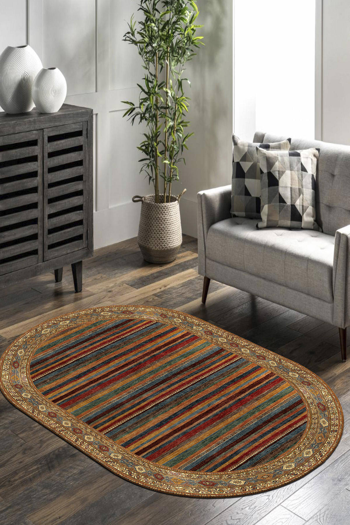 Roslyn Home Çok Renkli 0.8 mm Polyester Toz Tutmaz Yıkanabilir İnce Kaymaz Dot Taban Oval Makine Dokuma Salon Halısı 200x290 cm