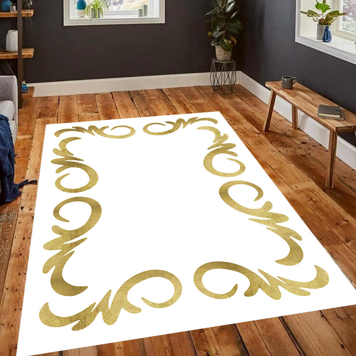 Aldora Altın - Beyaz 0.8 mm Polipropilen Yıkanabilir İnce Kaymaz Jüt Taban Dikdörtgen Makine Dokuma Salon Halısı 200x290 cm