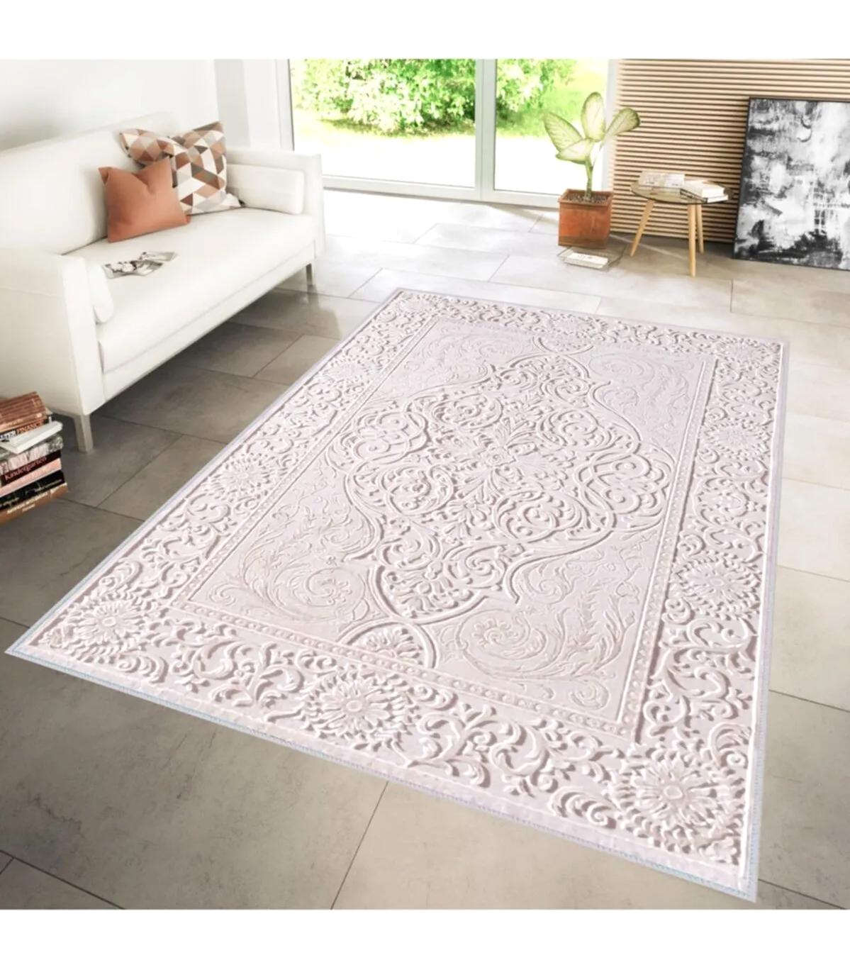 Rovigo Home RVG1281 Krem 8 mm Polyester Leke Tutmaz-Toz Tutmaz Yıkanabilir İnce Kaymaz Dot Taban Dikdörtgen Makine Dokuma Salon Halısı 200x200 cm