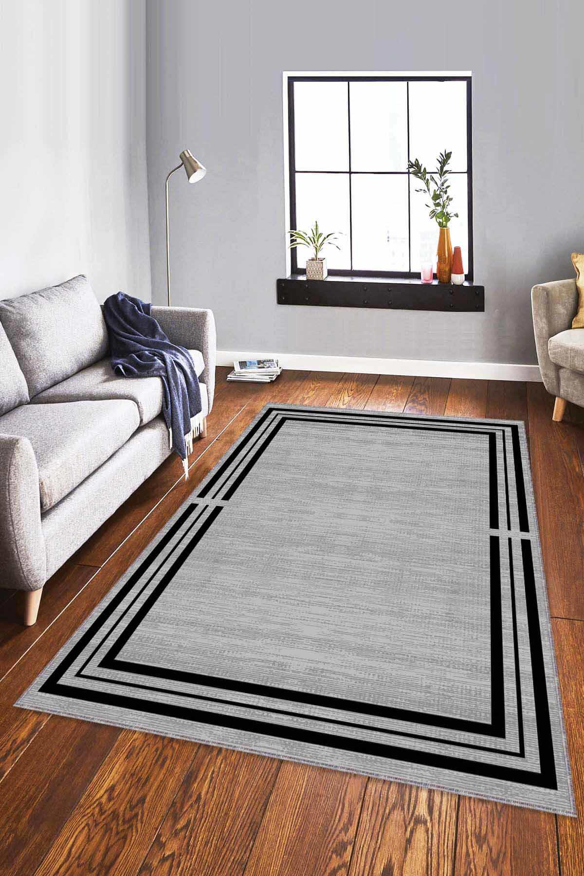Viva Home RV081 Gri 7 mm Mikropolyester Toz Tutmaz Yıkanabilir İnce Kaymaz Dot Taban Dikdörtgen Makine Dokuma Salon Halısı 80x150 cm