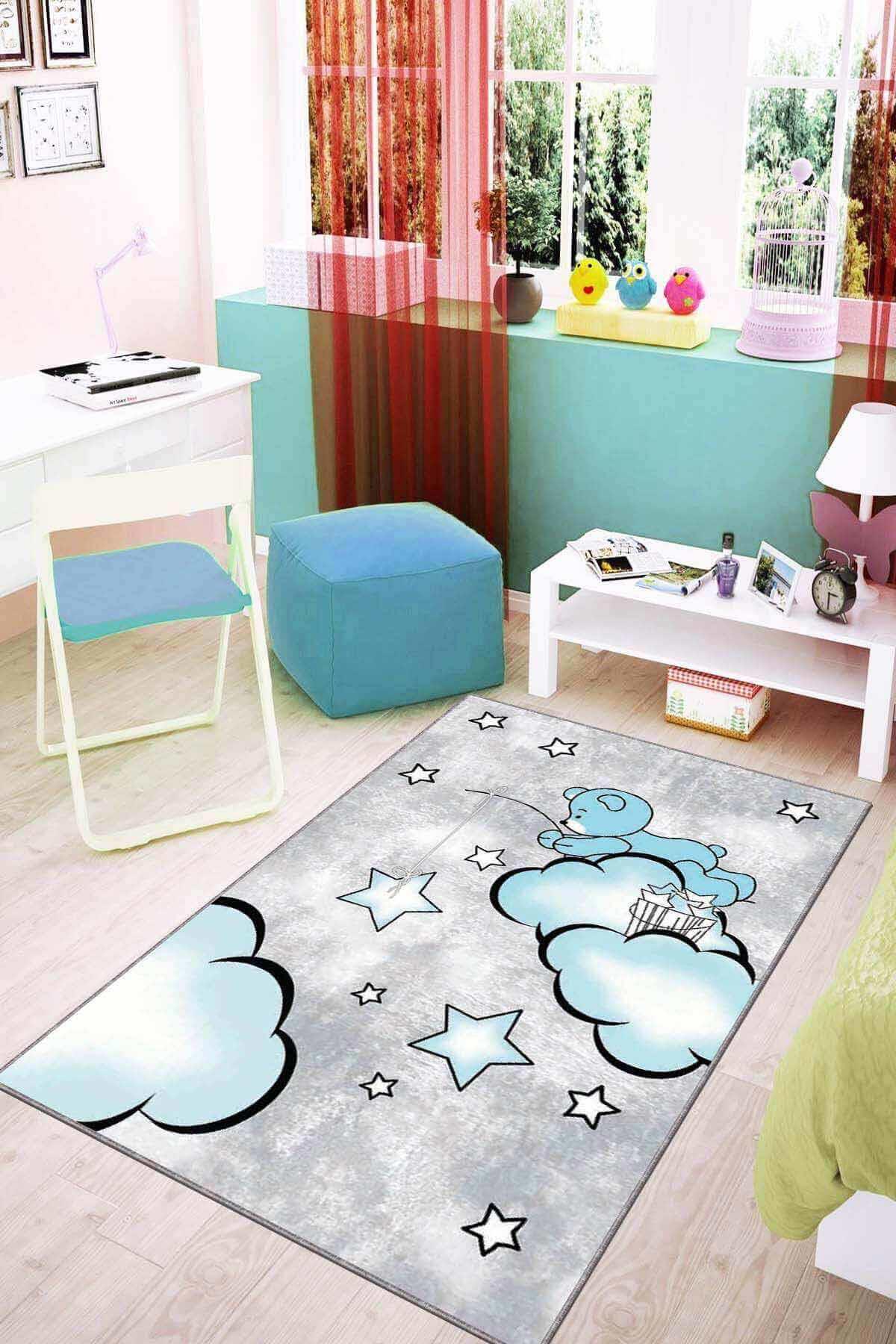 Viva Home KD24 Mavi 7 mm Mikropolyester Leke tutmaz Yıkanabilir İnce Kaymaz Dot Taban Dikdörtgen Makine Dokuma Çocuk Odası Halısı 140x200 cm