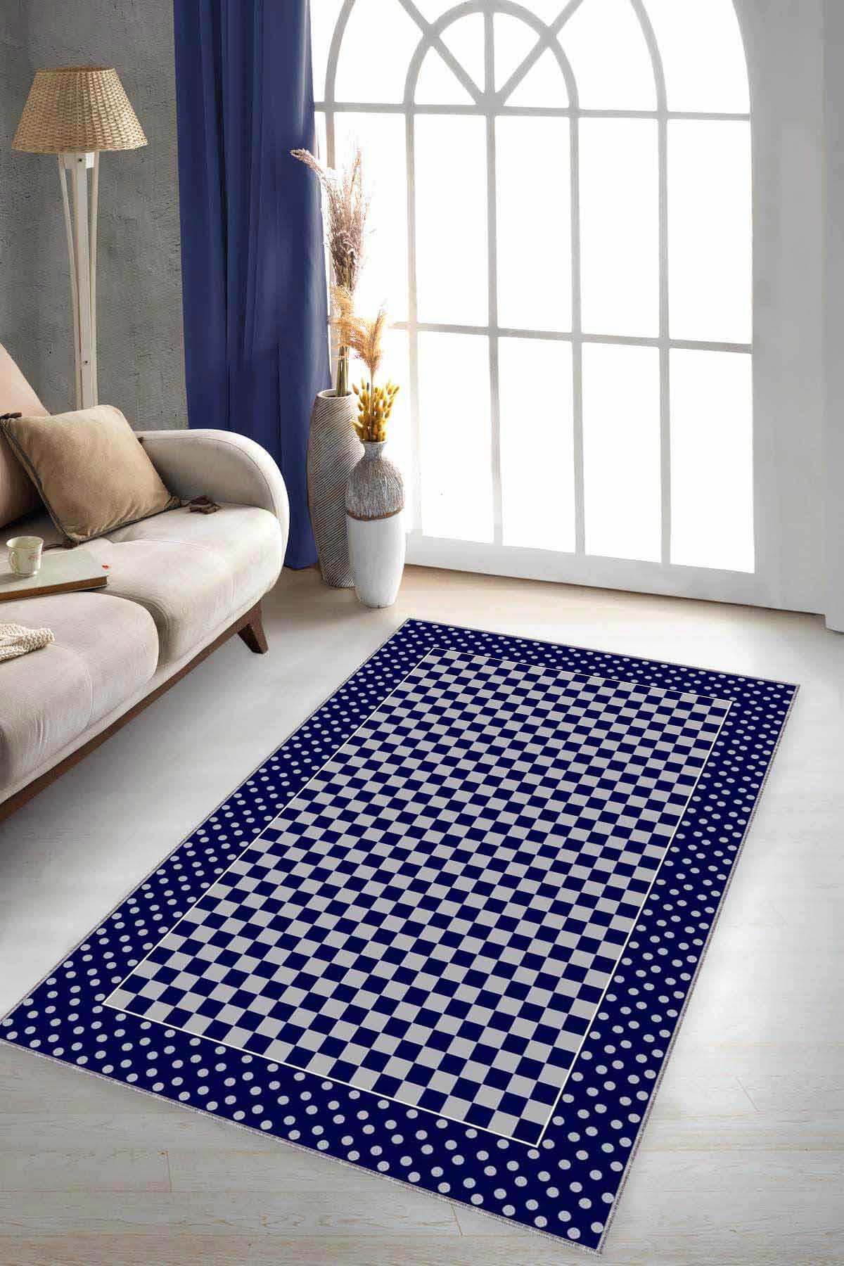 Viva Home MK86 Lacivert 7 mm Mikropolyester Leke tutmaz Yıkanabilir İnce Kaymaz Dikdörtgen Makine Dokuma Salon Halısı 120x120 cm