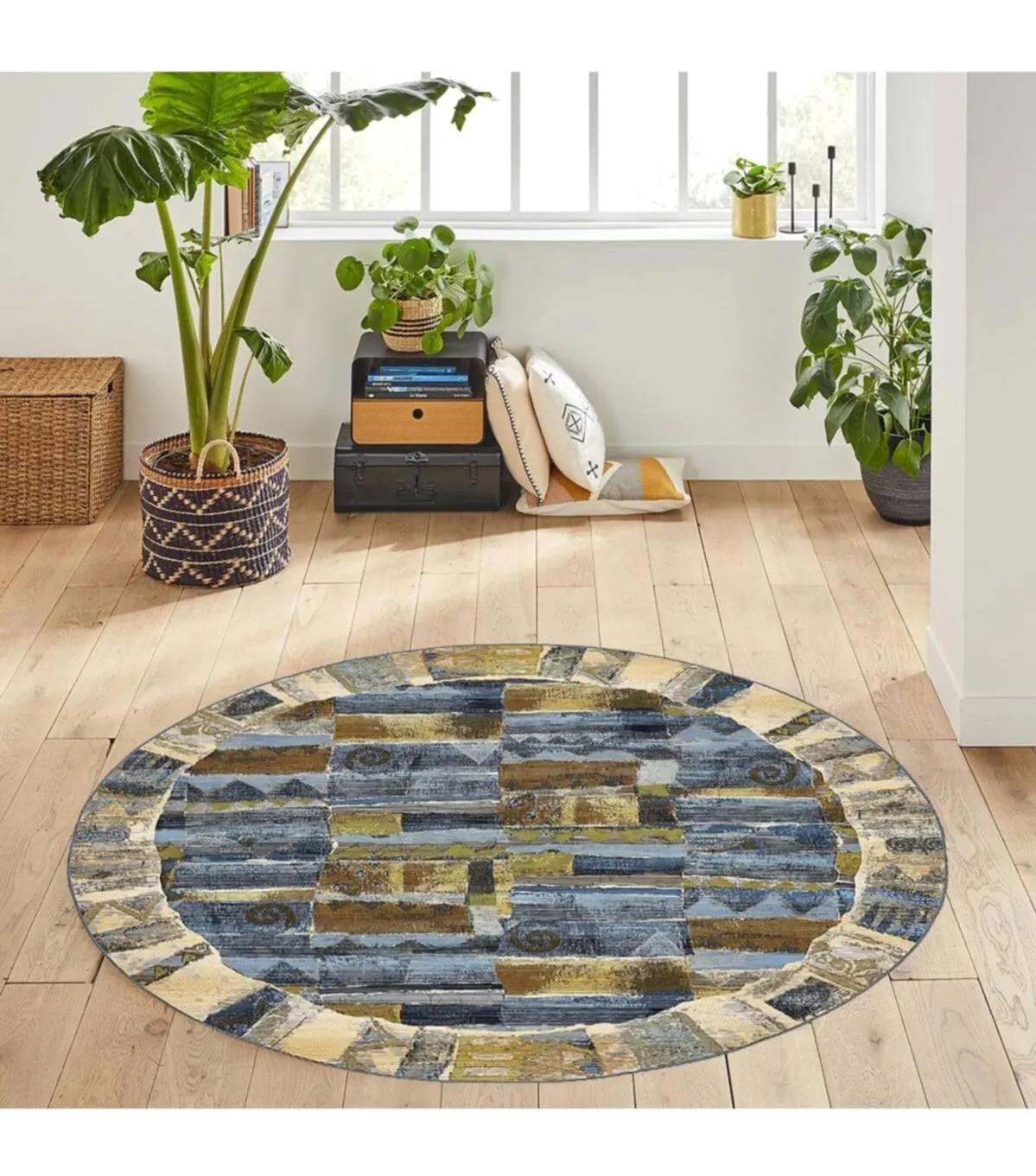 Rovigo Home RVG7171 Çok Renkli 8 mm Polyester Antibakteriyel-Leke Tutmaz-Toz Tutmaz Yıkanabilir İnce Kaymaz Dot Taban Yuvarlak Makine Dokuma Salon Halısı 120x180 cm