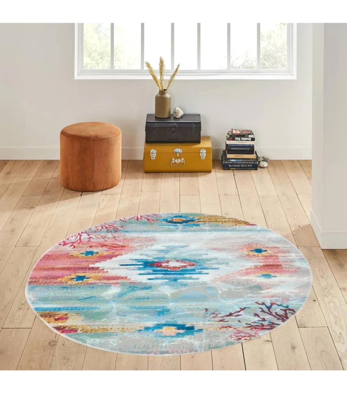 Rovigo Home RVG7148 Çok Renkli 8 mm Polyester Antibakteriyel-Leke Tutmaz-Toz Tutmaz Yıkanabilir İnce Kaymaz Dot Taban Yuvarlak Makine Dokuma Salon Halısı 80x150 cm
