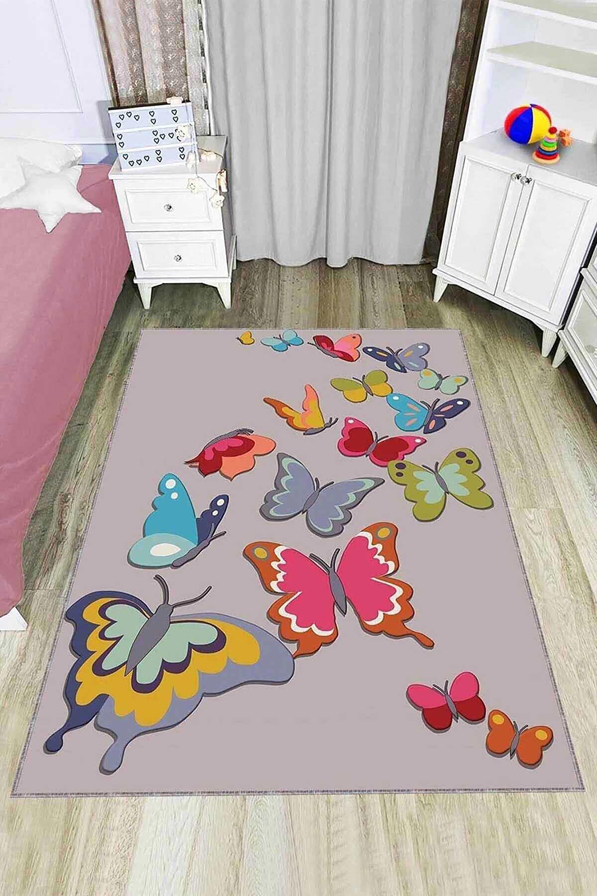 Viva Home KD053 Krem 7 mm Mikropolyester Yalıtıma Yardımcı Yıkanabilir Orta Kaymaz Dot Taban Hayvan Desenli Dikdörtgen Makine Dokuma Çocuk Odası Halısı 140x200 cm