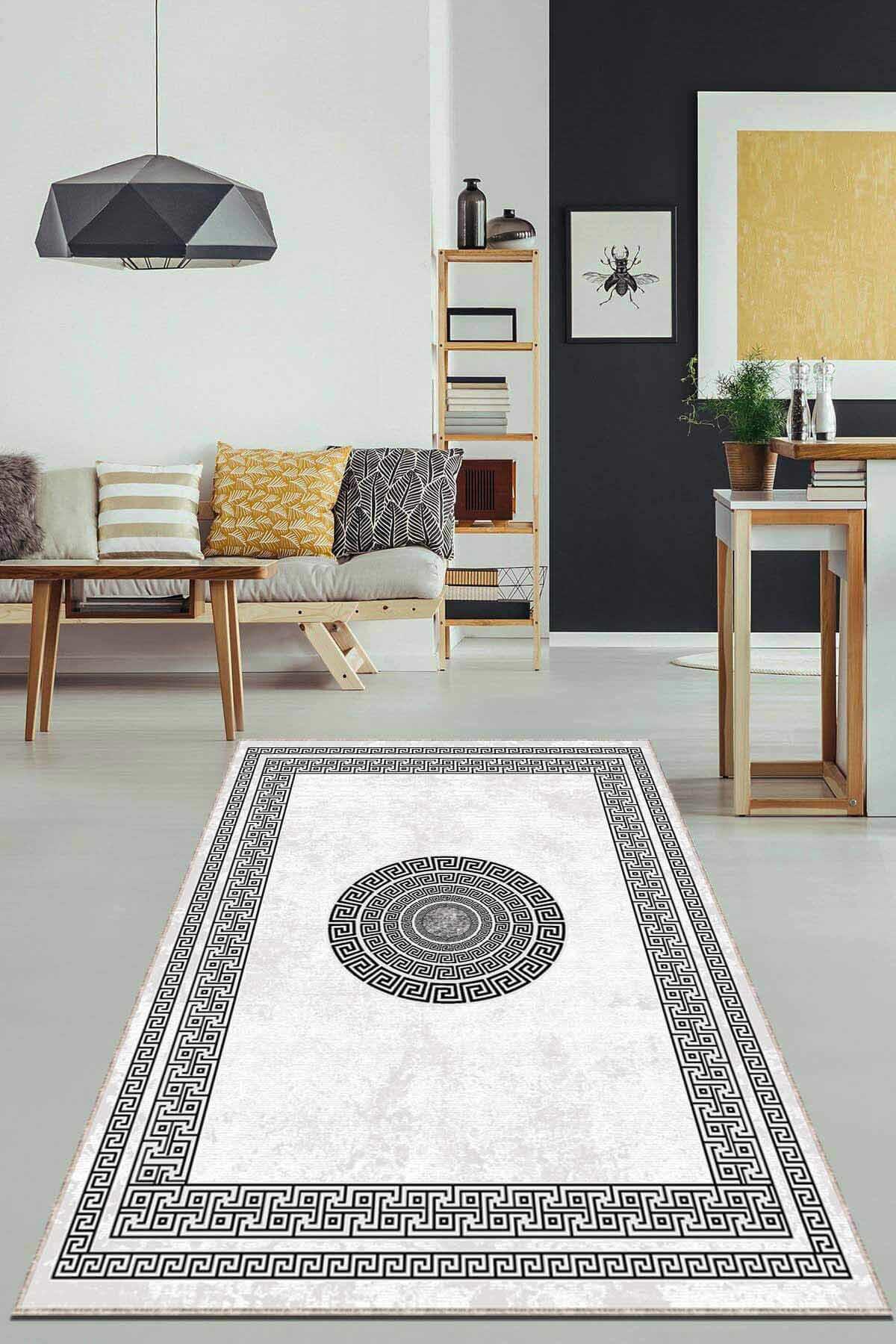 Viva Home AR688 Beyaz - Siyah 7 mm Mikropolyester Antibakteriyel Yıkanabilir Kalın Kaymaz Lateks Taban Dikdörtgen Makine Dokuma Salon Halısı 200x290 cm