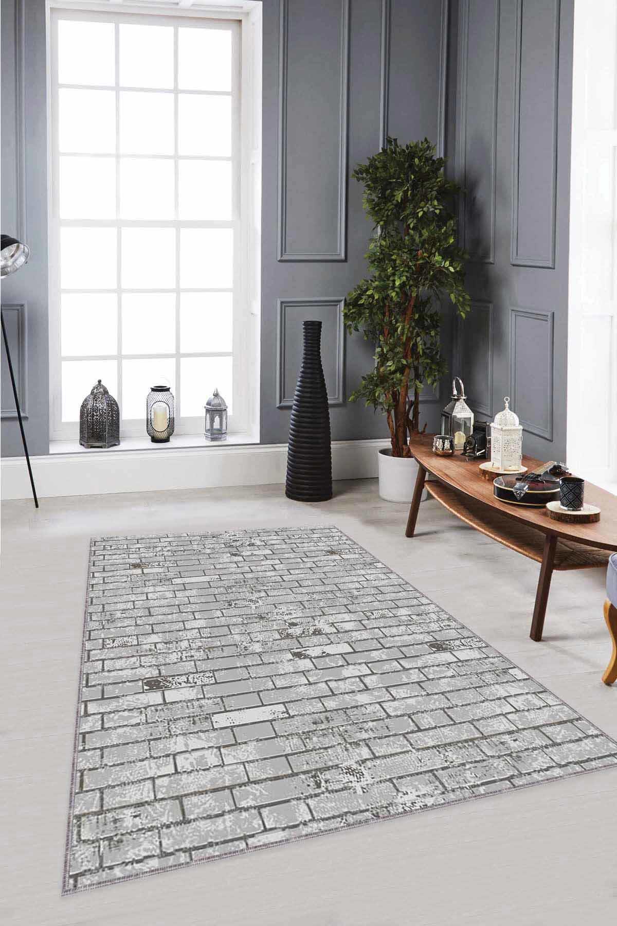 Viva Home TL1 Gri 7 mm Mikropolyester Toz Tutmaz Yıkanabilir İnce Kaymaz Dot Taban Dikdörtgen Makine Dokuma Salon Halısı 100x140 cm