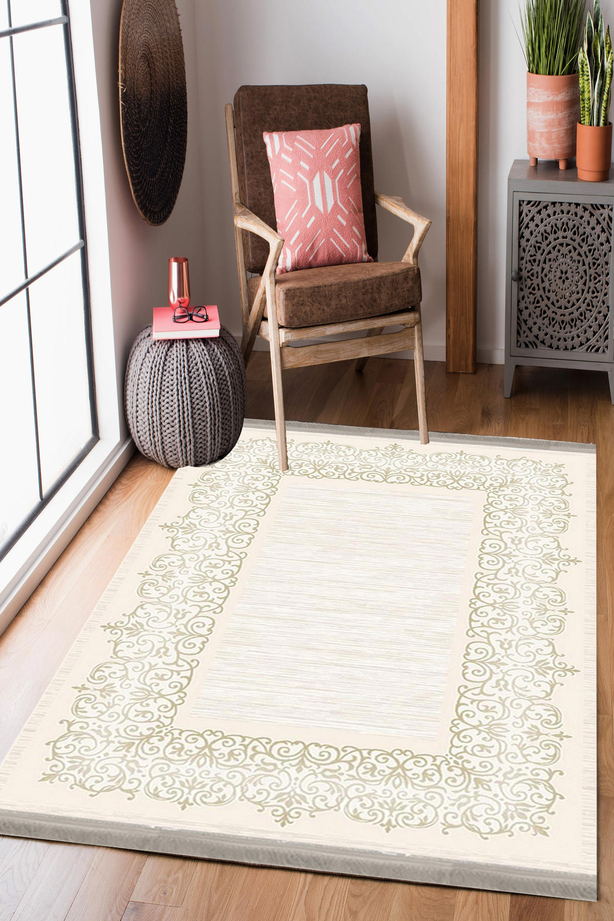 Homier Collection H-KS-3079A Krem 7 mm Pamuk Antibakteriyel Yıkanabilir Orta Kaymaz Dot Taban Dikdörtgen Makine Dokuma Salon Halısı 100x200 cm