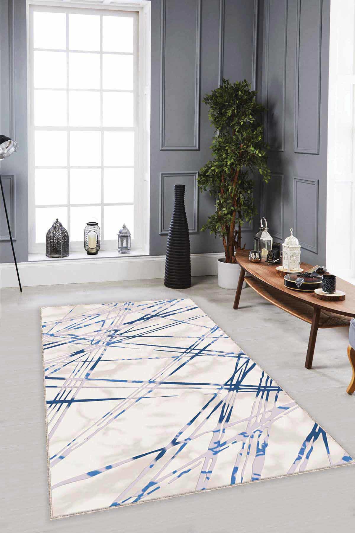 Viva Home NT005 Lacivert 7 mm Mikropolyester Antibakteriyel Yıkanabilir İnce Kaymaz Dikdörtgen Makine Dokuma Salon Halısı 120x200 cm