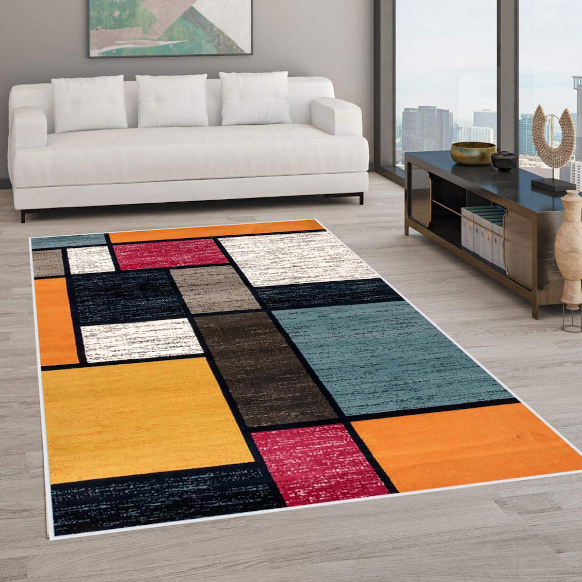 Rovigo Home RVG0572 Çok Renkli 8 mm Polyester Antibakteriyel-Leke Tutmaz-Toz Tutmaz Yıkanabilir İnce Kaymaz Dot Taban Dikdörtgen Makine Dokuma Salon Halısı 160x230 cm