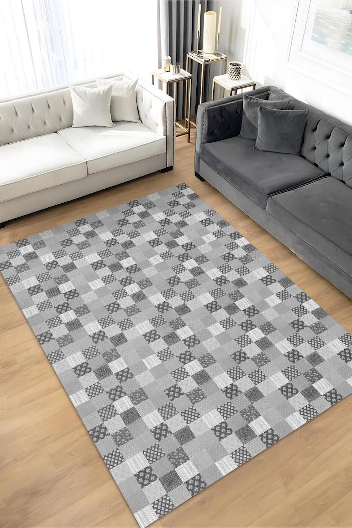 Homshtag Beyaz-Gri 4 mm Pamuk Antistatik Yıkanabilir İnce Kaymaz Dikdörtgen Makine Dokuma Salon Halısı 80x180 cm