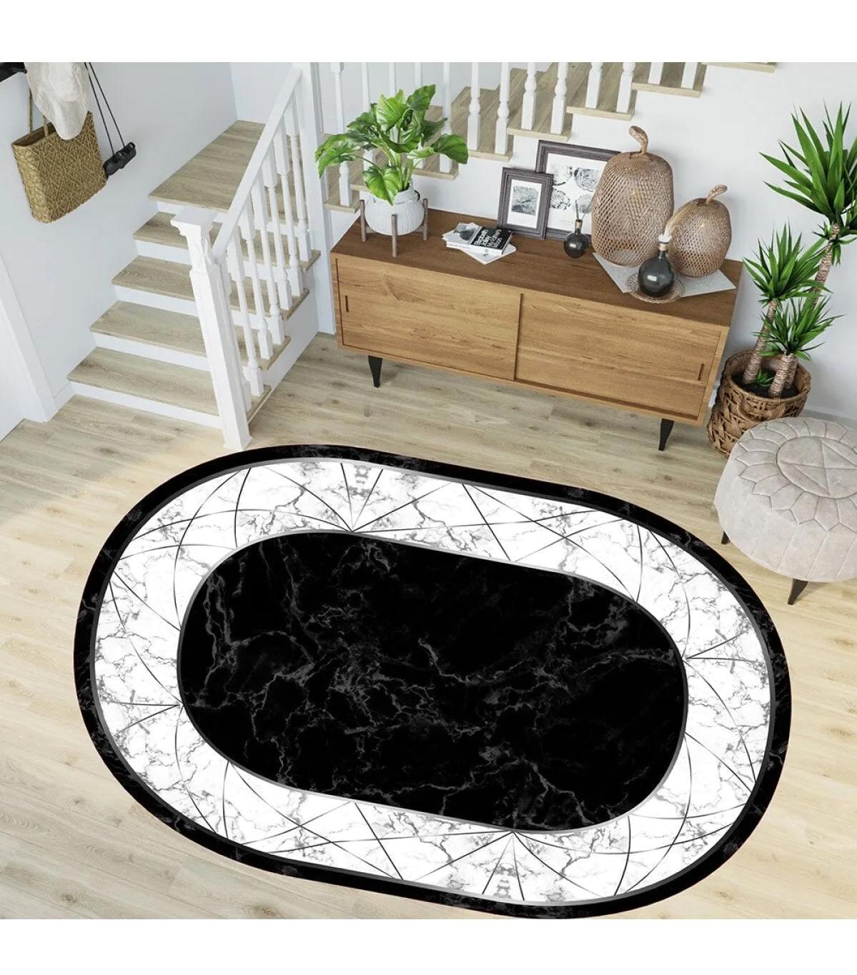 Rovigo Home RVG7271-HT656 Beyaz - Siyah 8 mm Polyester Yıkanabilir Orta Kaymaz Dot Taban Dikdörtgen Makine Dokuma Salon Halısı 140x200 cm