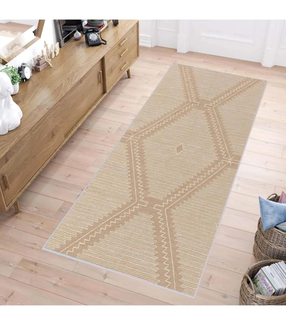 Rovigo Home RVG1226, Krem 8 mm Polyester Antibakteriyel-Leke Tutmaz-Toz Tutmaz Yıkanabilir İnce Kaymaz Dot Taban Dikdörtgen Makine Dokuma Salon Halısı 80x180 cm