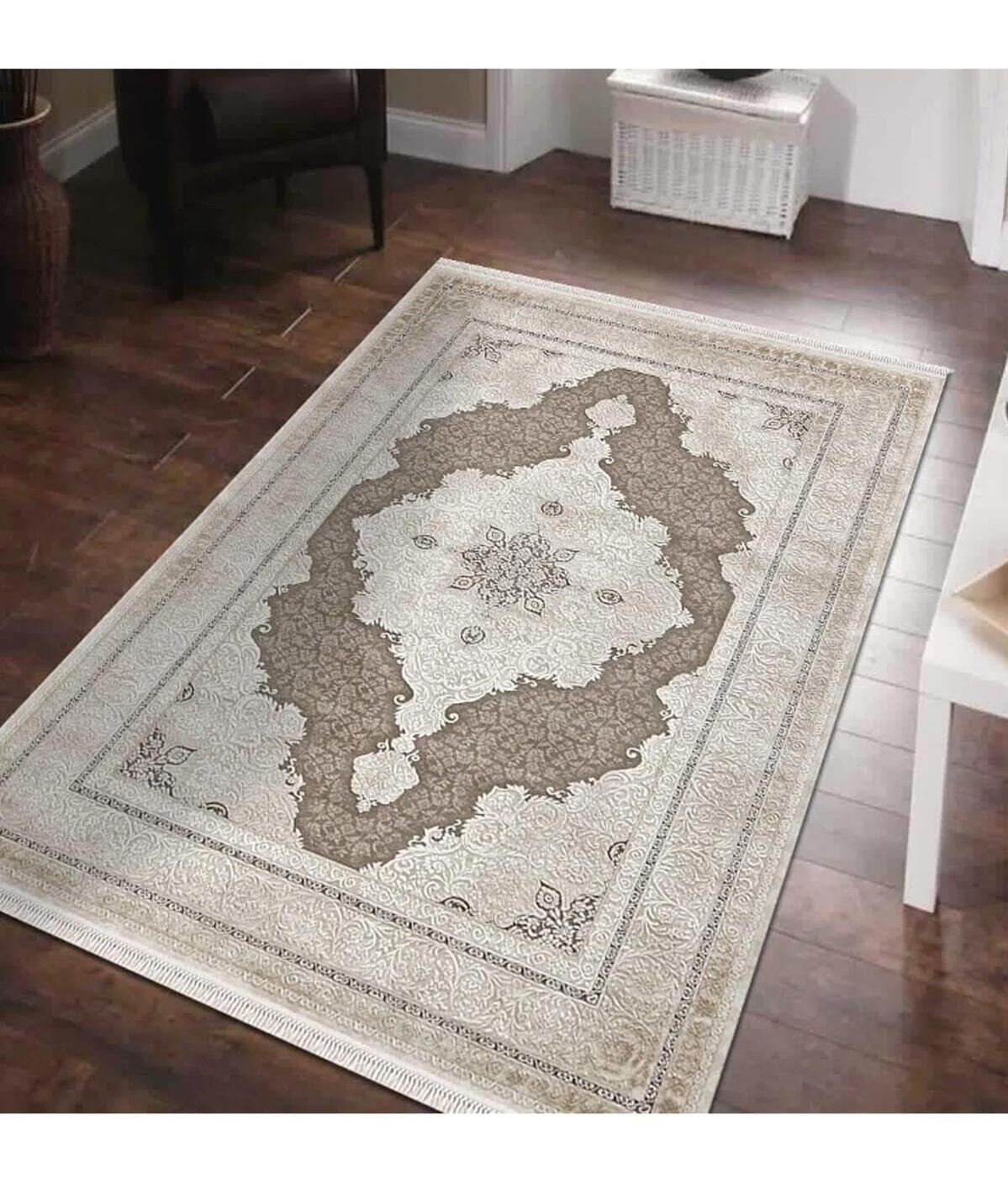Merinos Rodin 19771 Bej-Kahverengi Mikropolyester Yıkanabilir Kalın Kaymaz Lateks Taban Dikdörtgen Makine Dokuma Salon Halısı