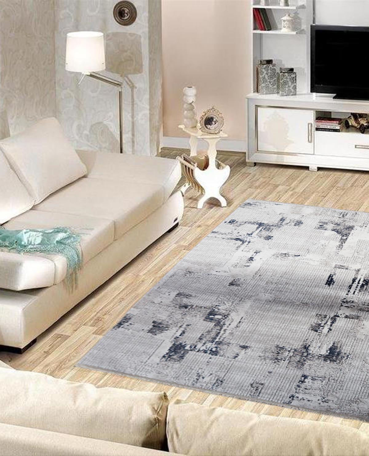 İpek Mekik Halı Gordion Gri-Mavi 7 mm Polyester Antialerjenik-Antistatik Yıkanabilir Orta Kaymaz Pamuk Taban Dikdörtgen Makine Dokuma Antre-Çocuk Odası-Salon-Yatak Odası Halısı 100x300 cm