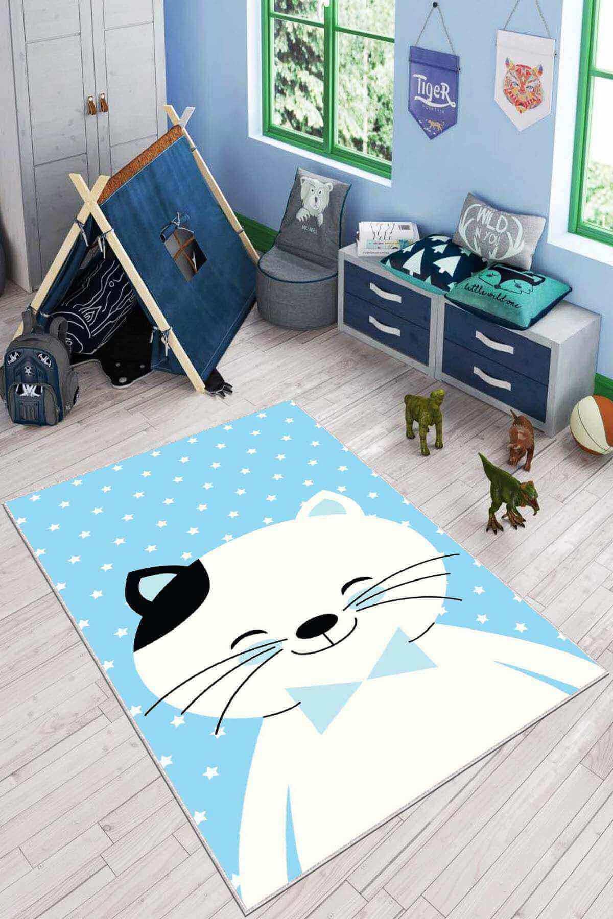 Viva Home KD018 Mavi 7 mm Mikropolyester Leke tutmaz Yıkanabilir İnce Kaymaz Dot Taban Dikdörtgen Makine Dokuma Çocuk Odası Halısı 120x180 cm