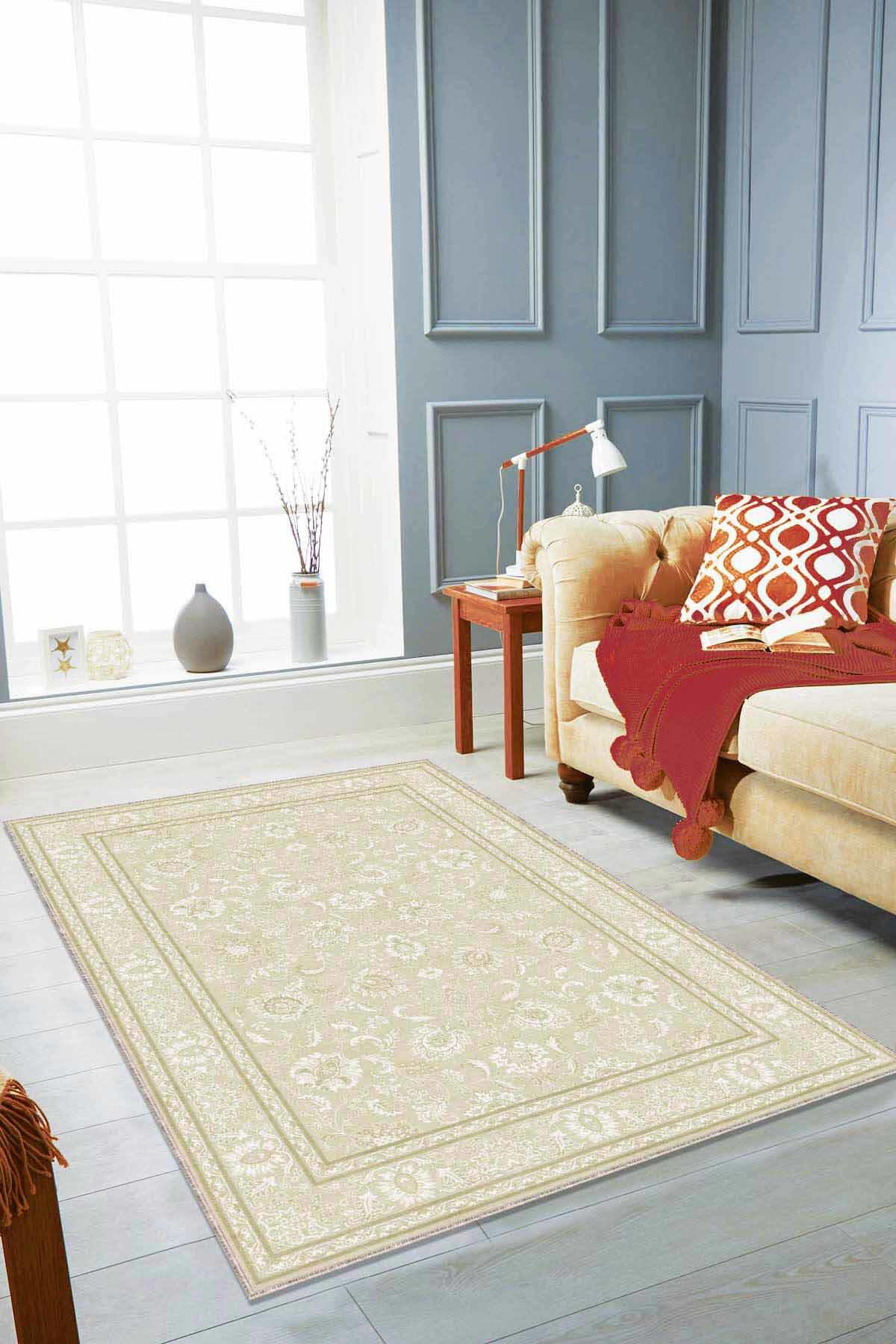 Viva Home RV292 Krem 7 mm Mikropolyester Leke tutmaz Yıkanabilir İnce Kaymaz Dikdörtgen Makine Dokuma Salon Halısı 160x230 cm