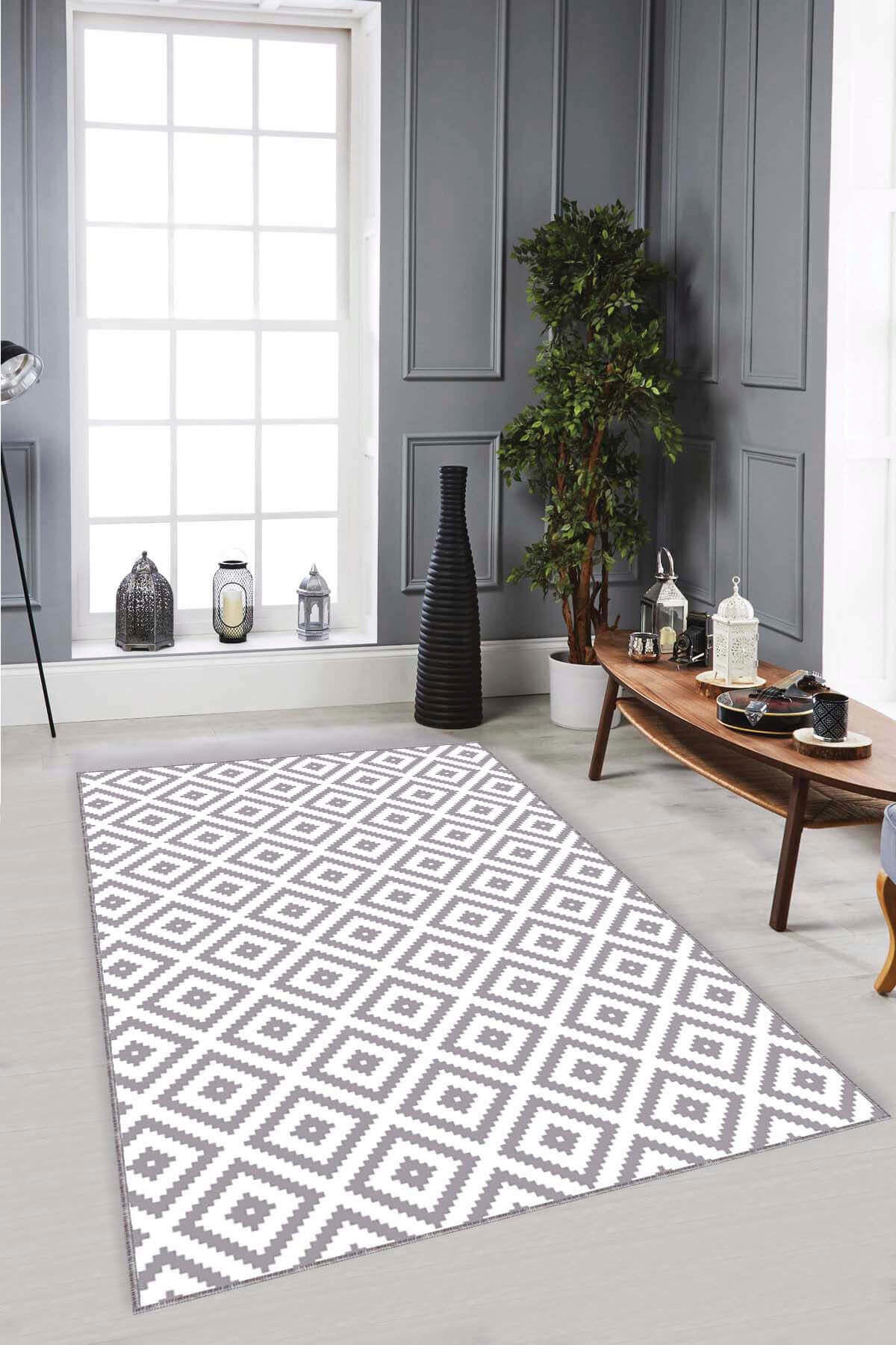 Viva Home KR001 Gri 7 mm Mikropolyester Toz Tutmaz Yıkanabilir İnce Kaymaz Dot Taban Geometrik Dikdörtgen Makine Dokuma Salon Halısı 160x230 cm