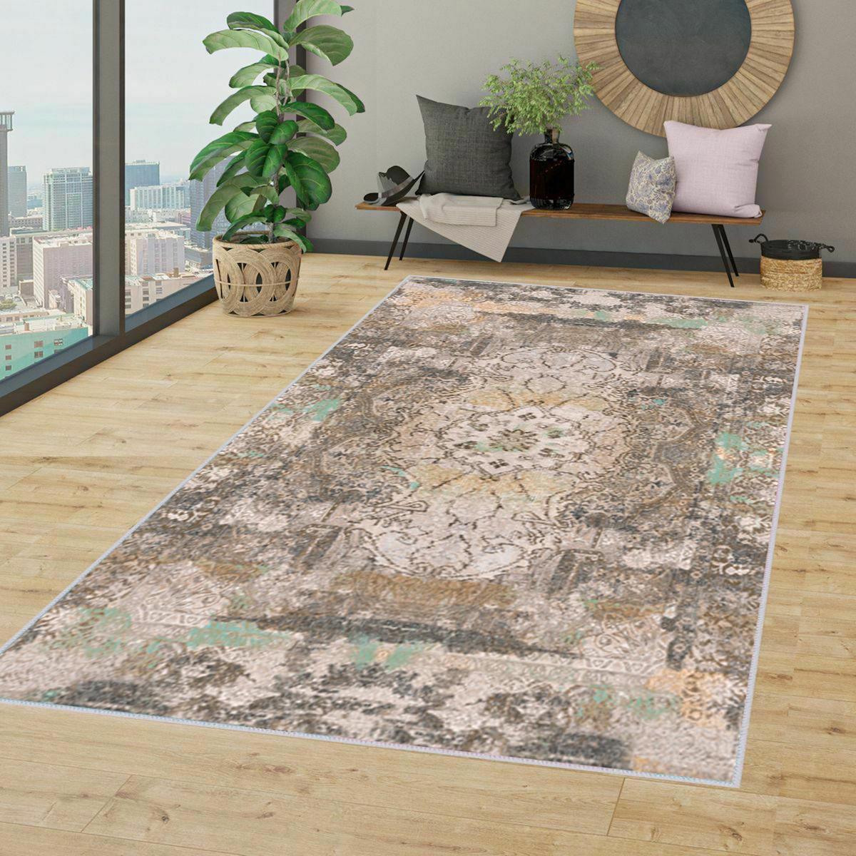 Rovigo Home RVG1331-HT137 Çok Renkli 8 mm Polyester Leke Tutmaz-Toz Tutmaz Yıkanabilir İnce Kaymaz Dot Taban Dikdörtgen Makine Dokuma Oturma Odası Halısı 100x200 cm