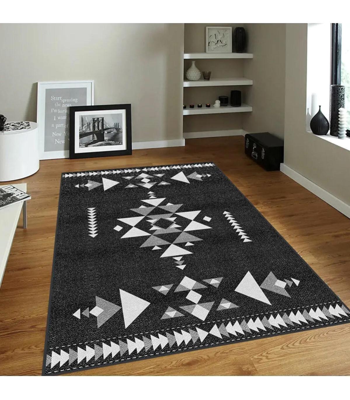 Rovigo Home RVG0099-SD1060 Beyaz - Siyah 8 mm Polyester Yıkanabilir Orta Kaymaz Dot Taban Dikdörtgen Makine Dokuma Salon Halısı 100x300 cm