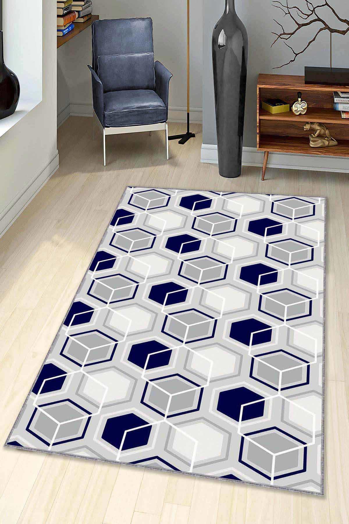 Viva Home BE04 Lacivert 7 mm Mikropolyester Leke tutmaz Yıkanabilir İnce Kaymaz Dikdörtgen Makine Dokuma Salon Halısı 100x150 cm