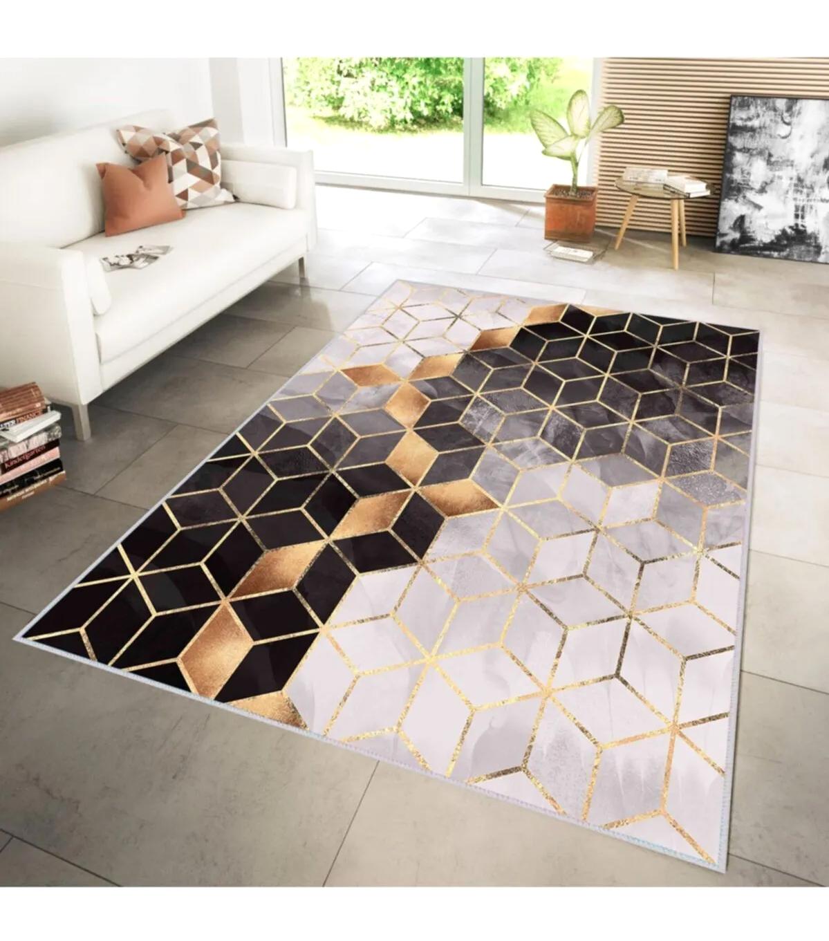 Rovigo Home RVG1264 Krem 8 mm Polyester Leke Tutmaz-Toz Tutmaz Yıkanabilir İnce Kaymaz Dot Taban Dikdörtgen Makine Dokuma Salon Halısı 200x200 cm