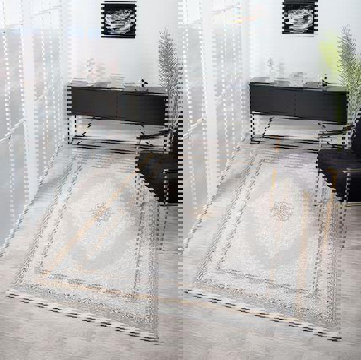 Çam Halı Mona VS012A Altın 11 mm Polyester Silinebilir Yıkanabilir Orta Dikdörtgen Makine Dokuma Salon Halısı 80x300 cm