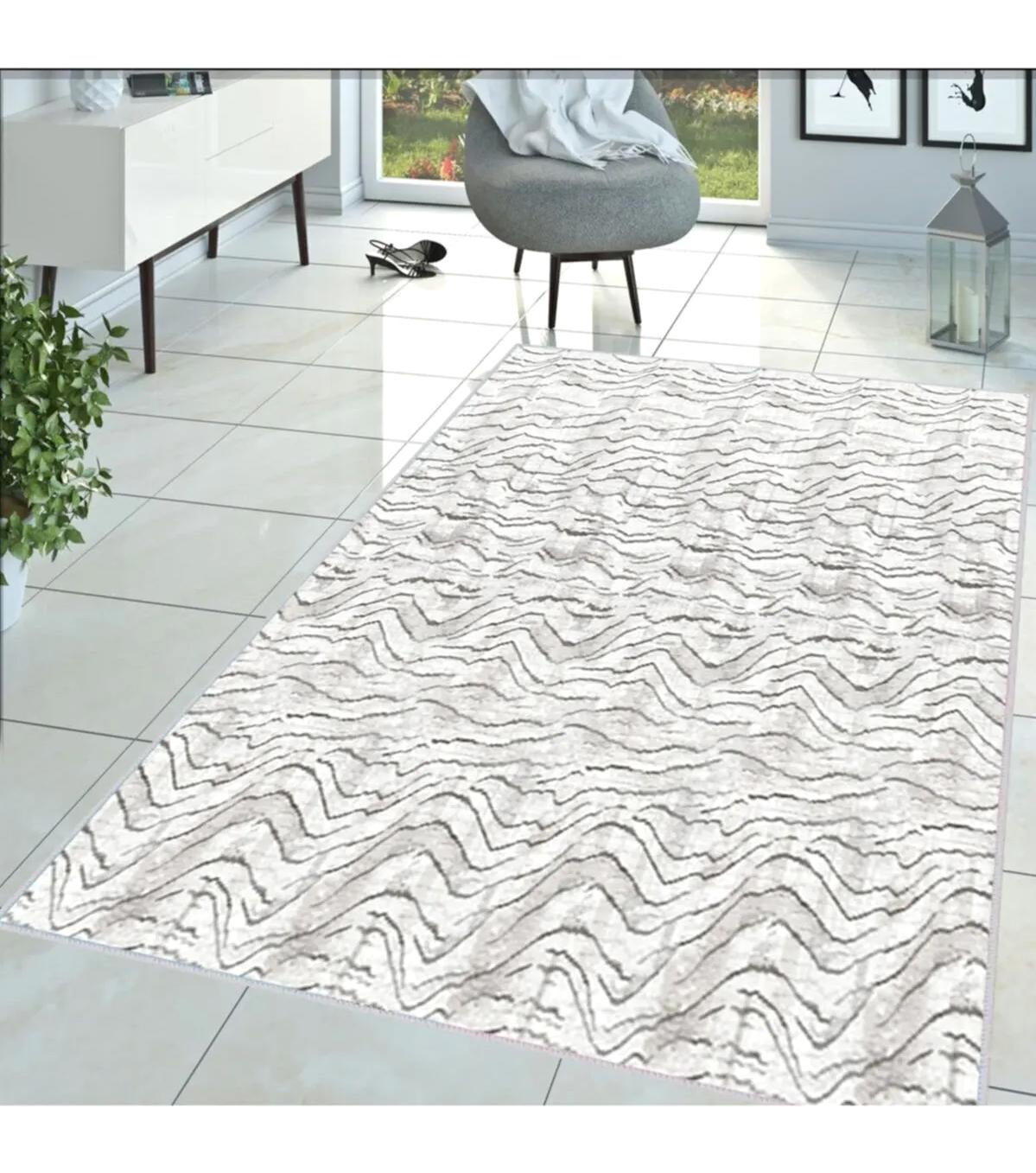 Rovigo Home RVG1394-HT731 Krem 8 mm Polyester Leke Tutmaz-Toz Tutmaz Yıkanabilir İnce Kaymaz Dot Taban Dikdörtgen Makine Dokuma Salon Halısı 100x200 cm