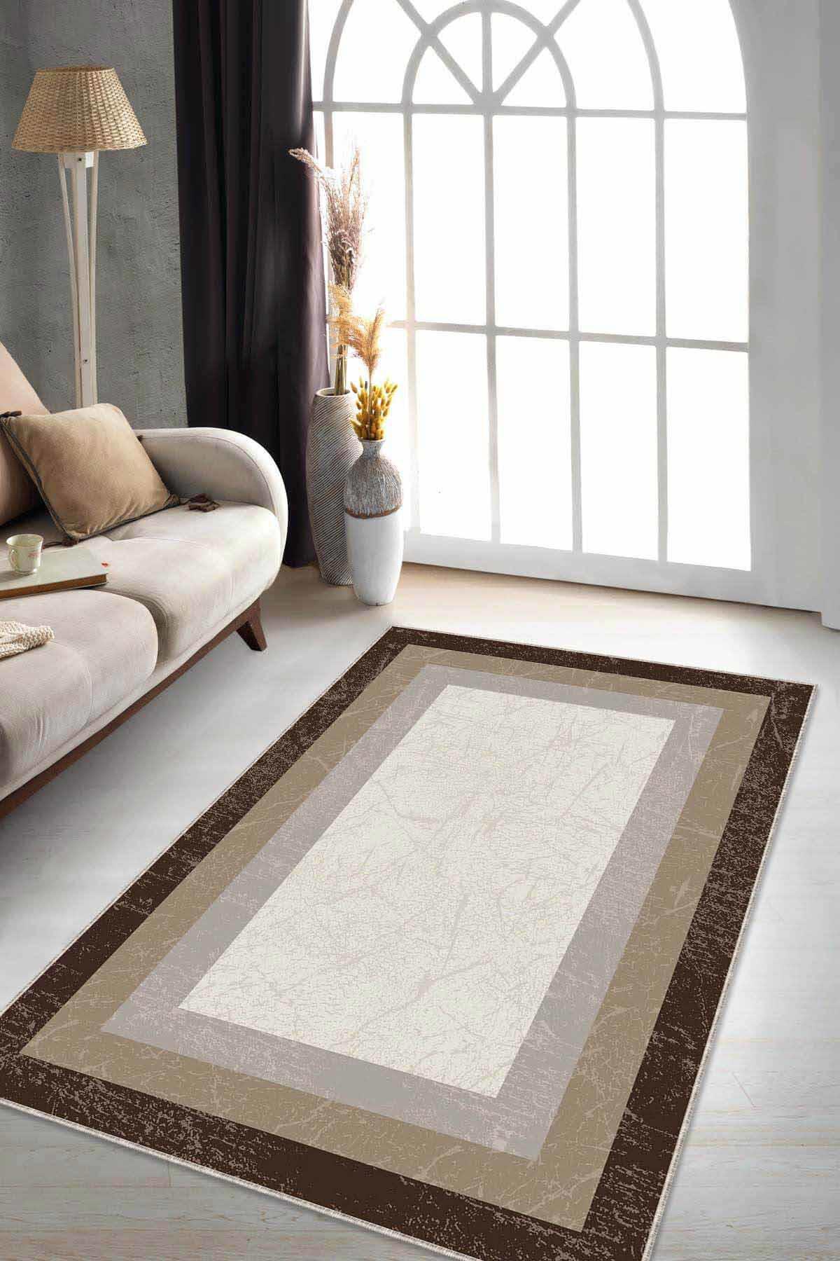 Viva Home RV102 Kahverengi 7 mm Mikropolyester Yıkanabilir Orta Kaymaz Taban Dikdörtgen Makine Dokuma Salon Halısı 60x90 cm